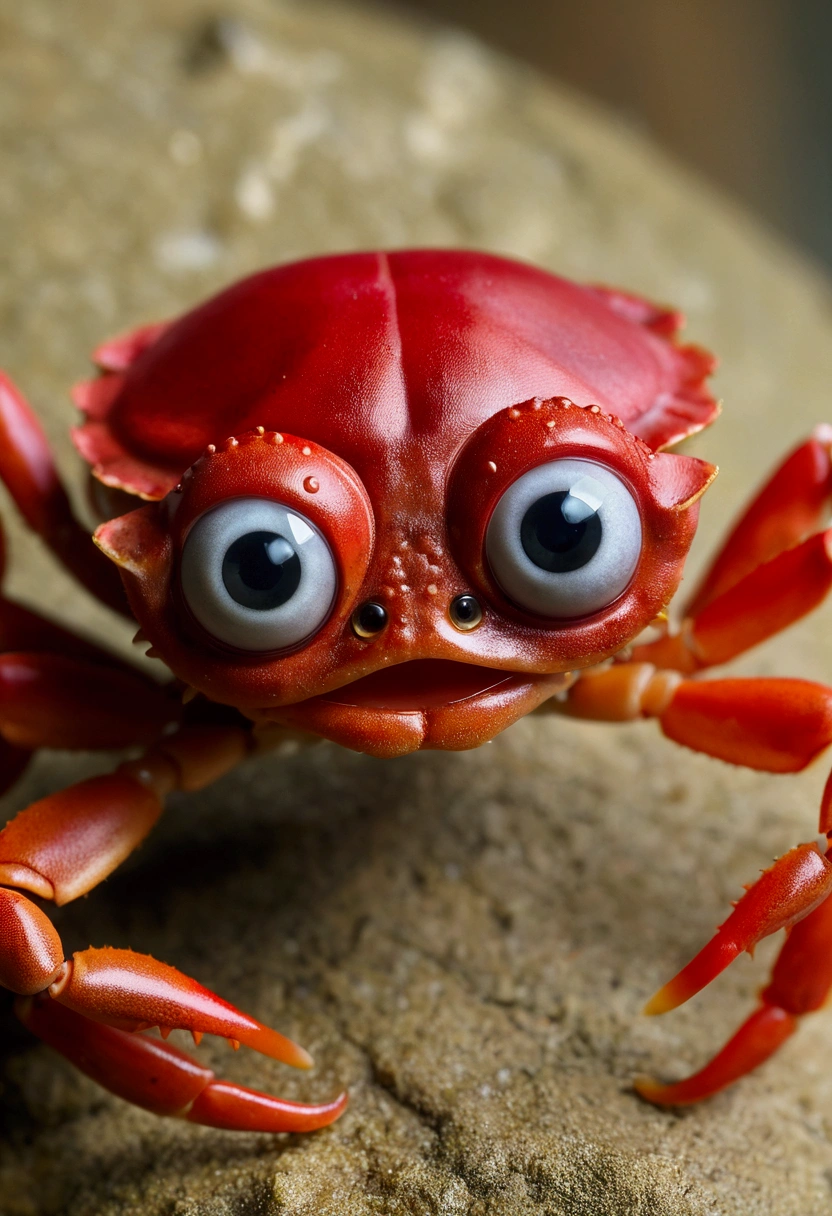 A toy -headed crab with big scary eyes and red hair 