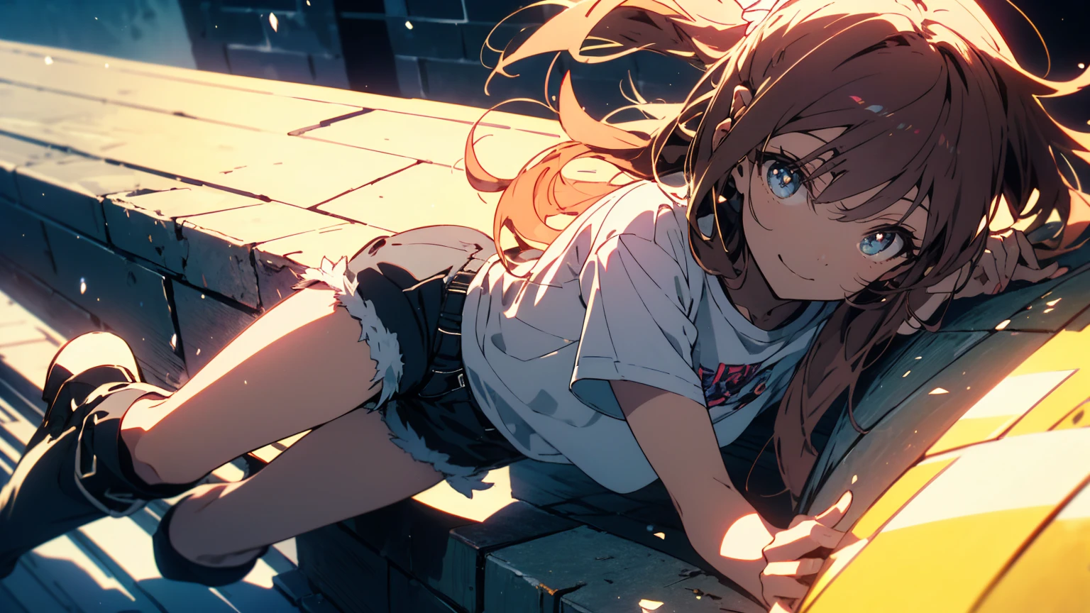 (Highest quality、masterpiece、High resolution、detailed)、(Shining Eyes、detailed美しい顔)、1 Girl、(T-Shirts,Shorts),smile,short boots,outskirts、Slope background、Beautiful Anime