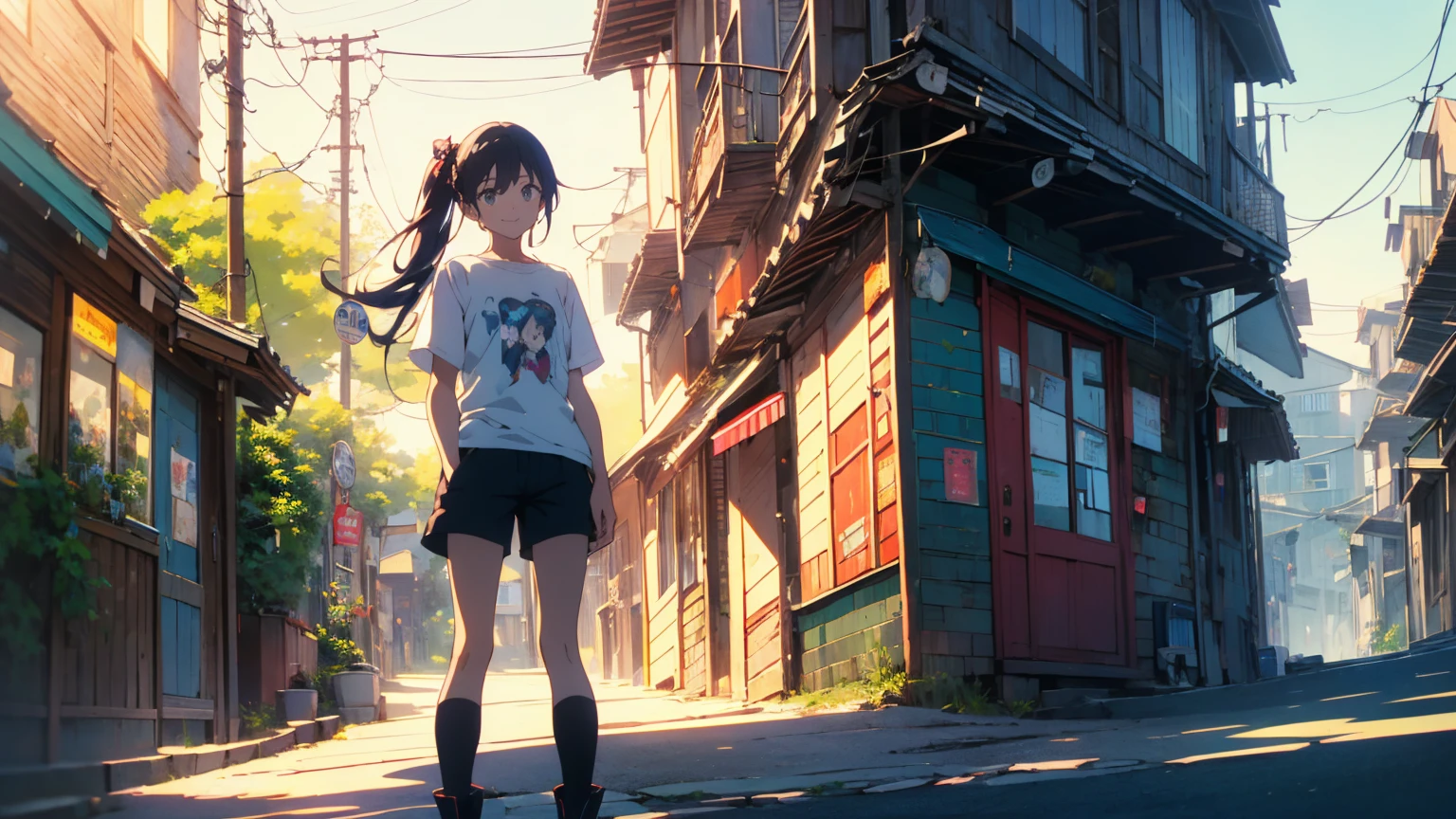 (Highest quality、masterpiece、High resolution、detailed)、(Shining Eyes、detailed美しい顔)、1 Girl、(T-Shirts,Shorts),smile,short boots,outskirts、Slope background、Beautiful Anime