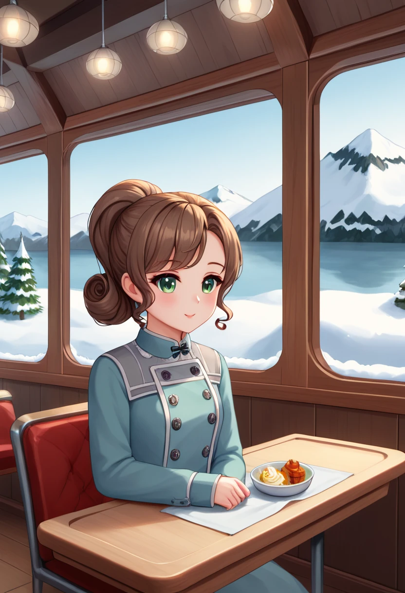 Beautiful girl with semi curly brown hair, collected in a high ponytail, pale, semi-dark green eyes, thin complexion, dressed in clothing designed for exploration in freezing temperatures, sat at the table in the cafeteria of a modern boat heading to Antarctica, having breakfast, Cozy boat interior in blue tones, gray and white, large windows that reveal the glaciers and snow-capped mountains