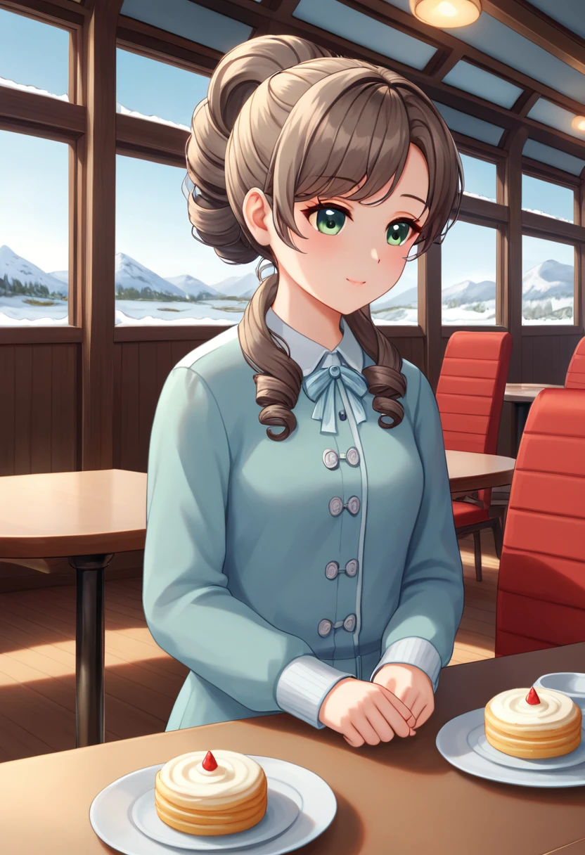 Beautiful girl with semi curly brown hair, collected in a high ponytail, pale, semi-dark green eyes, thin complexion, dressed in clothing designed for exploration in freezing temperatures, sat at the table in the cafeteria of a modern boat heading to Antarctica, having breakfast, Cozy boat interior in blue tones, gray and white, large windows that reveal the glaciers and snow-capped mountains