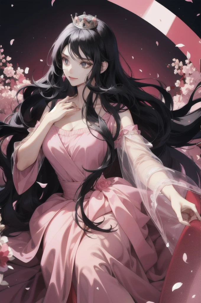A woman with long black hair and a crown, a princess wearing a pink dress.