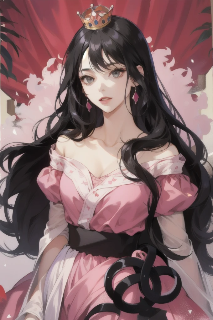 A woman with long black hair and a crown, a princess wearing a pink dress.