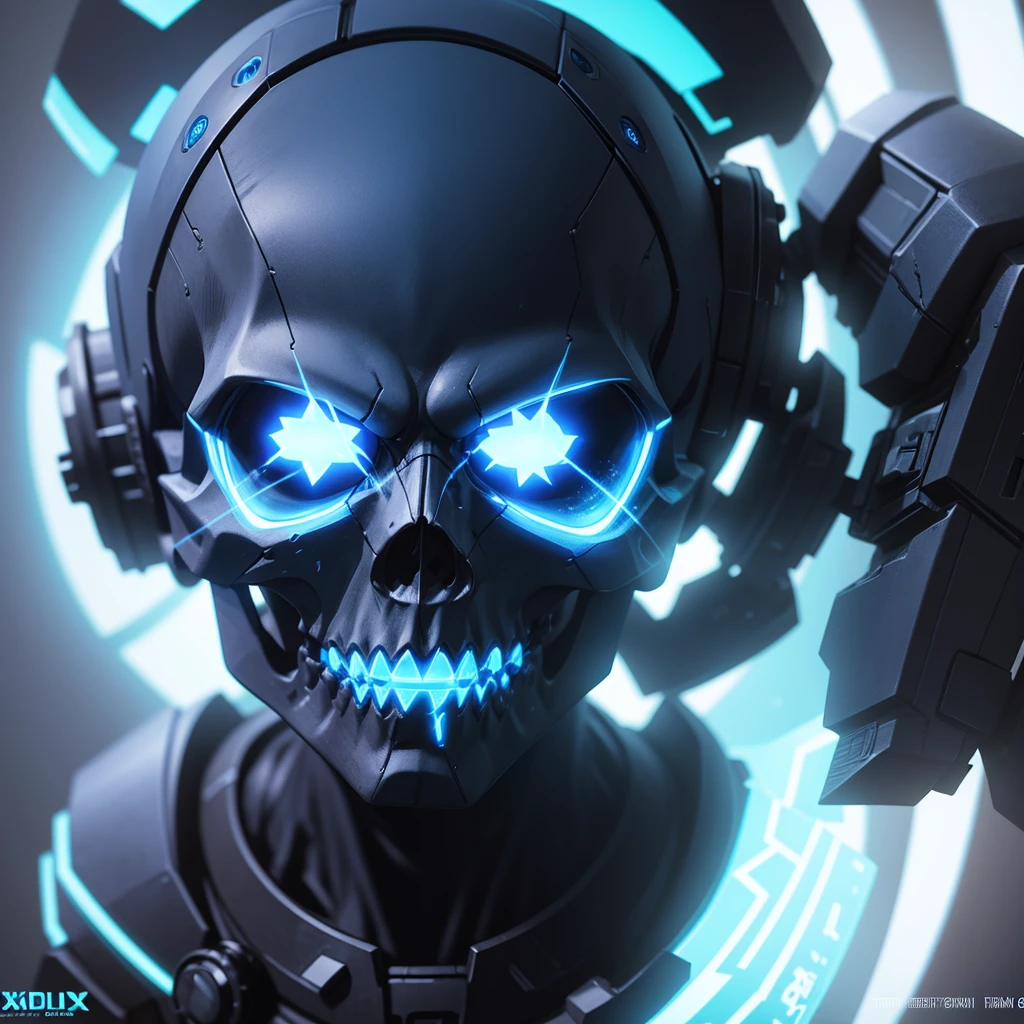 Blue led glowing skull, with an X over it in anime form,8k,