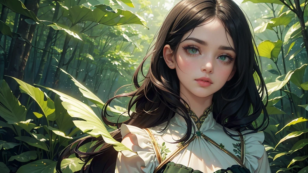 (high quality, 8k, CG, Upper body details, girl, Floral Dress, Forest Background, Detailed facial features, Elegant black hair, Almond green eyes, Detailed eye makeup, Long eyelashes fluttering, Blinking big eyes, Twinkling Star, Intricate lip detail, The style is soft)