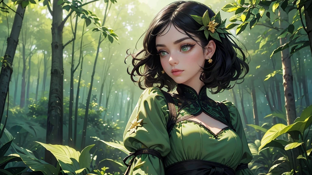 (high quality, 8k, CG, Upper body details, girl, Floral Dress, Forest Background, Detailed facial features, Elegant black hair, Almond green eyes, Detailed eye makeup, Long eyelashes fluttering, Blinking big eyes, Twinkling Star, Intricate lip detail, The style is soft)