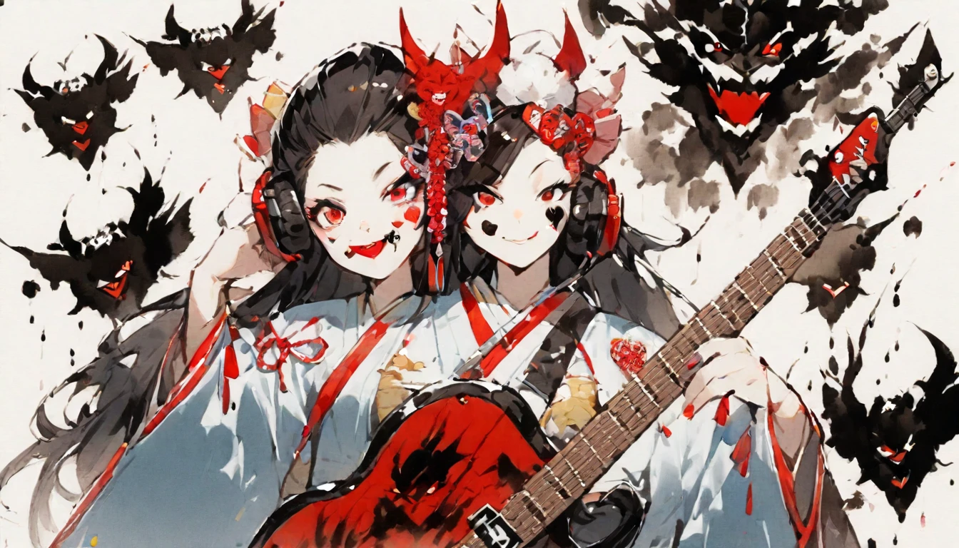 (((Ink Painting))), (((1 girl))), (((Heart tattoo on face))), (((Gorgeous hair accessories))), Japanese style headphones, (((guitar bass))), Japanese Beauty, Black Hair, smile, devil, Droopy eyes, Red eyes