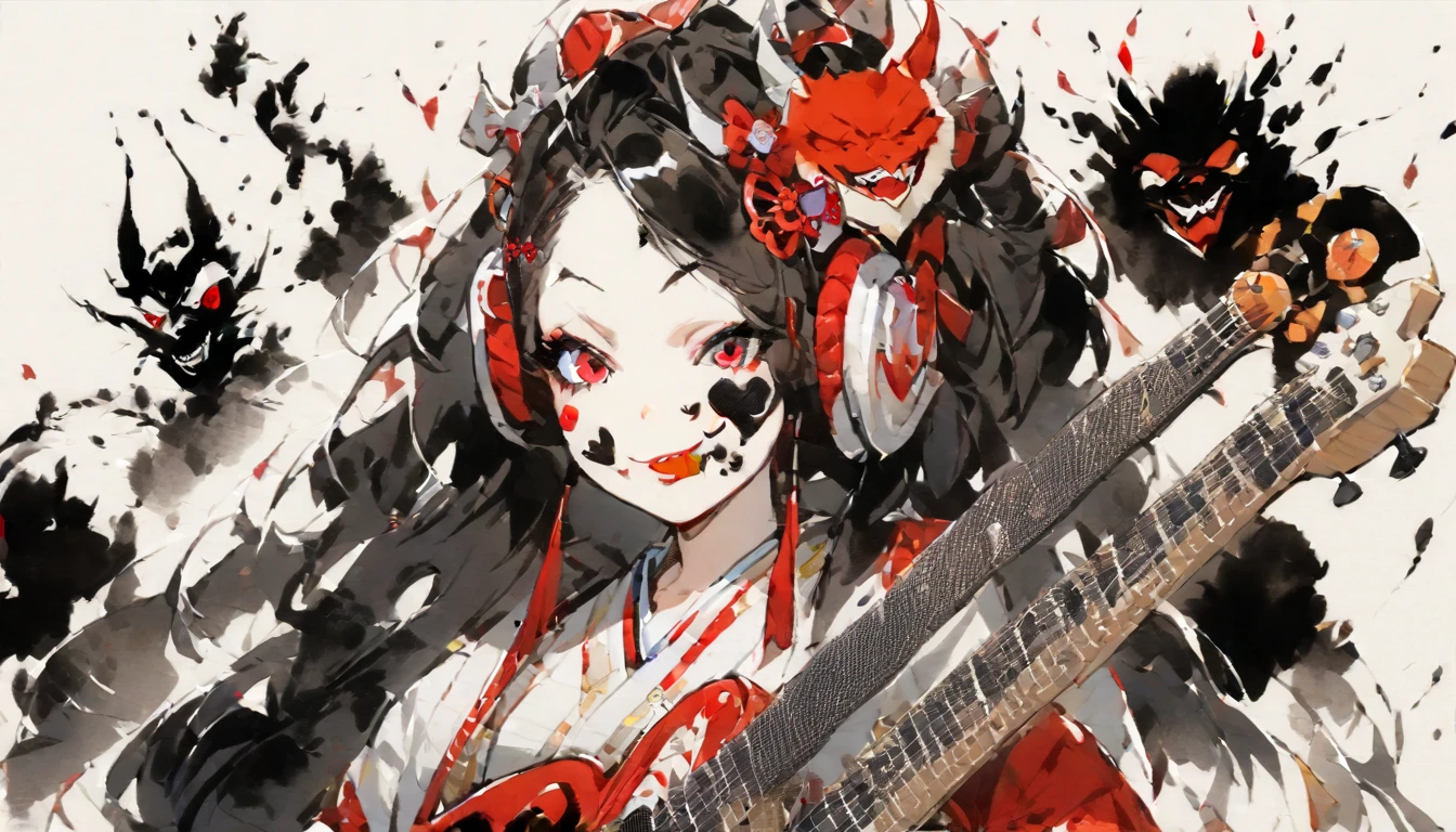 (((Ink Painting))), (((1 girl))), (((Heart tattoo on face))), (((Gorgeous hair accessories))), Japanese style headphones, (((guitar bass))), Japanese Beauty, Black Hair, smile, devil, Droopy eyes, Red eyes