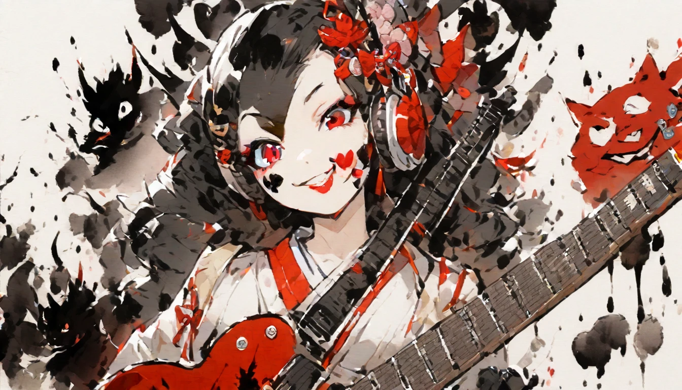 (((Ink Painting))), (((1 girl))), (((Heart tattoo on face))), (((Gorgeous hair accessories))), Japanese style headphones, (((guitar bass))), Japanese Beauty, Black Hair, smile, devil, Droopy eyes, Red eyes