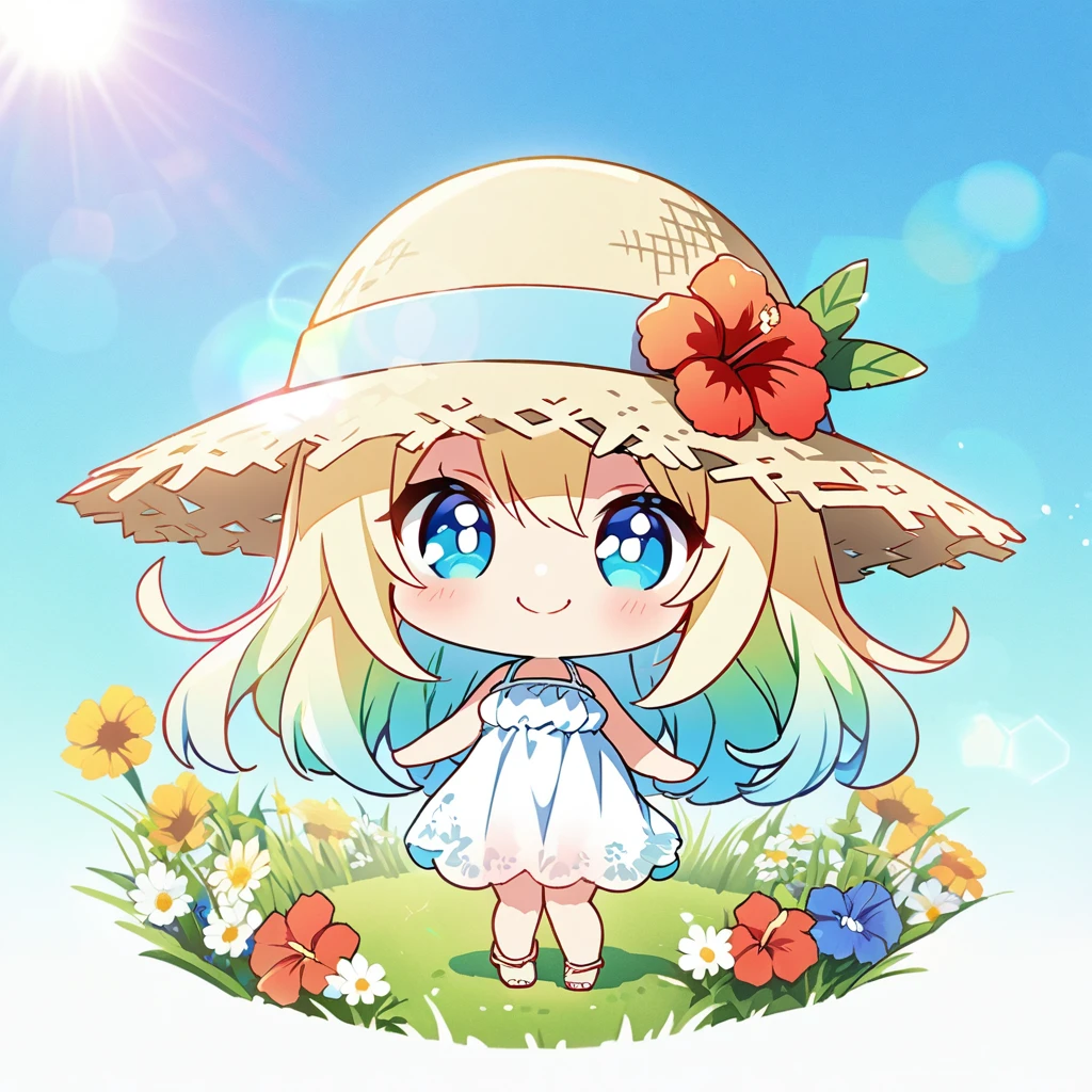 masterpiece, best quality, 4k、2D illustration, one beautiful girl, solo、(((chibi style)))、((vivid colors))、cute chibi, lovely chibi、((colorful))、((long beautiful hair)), glossy light blonde hair, hair between eyes, cute, beautifully detailed eyes、((white summer dress))、((straw hat))、hibiscus hair ornament, flip-flops, ((happy smile))、((full body shot))、((summer grasslands))、((pretty flowers)), ((gentle breeze))、((blue sky))、sunbeam, white light, ((lens flare)), ((high color saturation)),