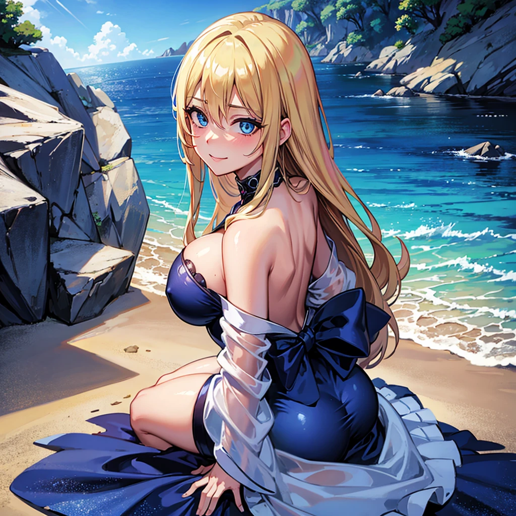 1 , breasts big, gazing at viewer, high resolution, blue colored eyes, laughter, hair blonde, very long hair, slickedback hair, Hair over the shoulder, hair wet, blushful, laughter, make-up, slightly-smile, mischievous face, ass pov, anime styling, Biquini Branco, kneeling in the sand, BLUE SKY, Sunnyday 
