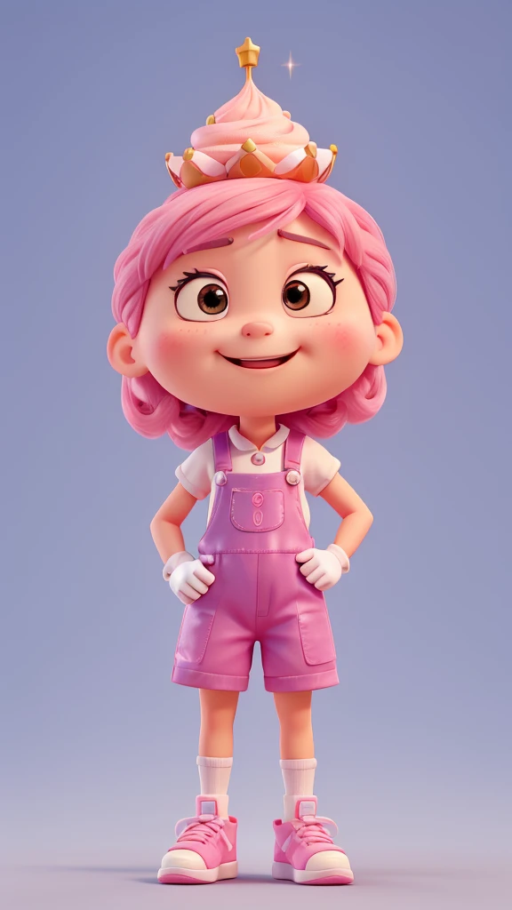 Adorable 3D animated characters。The character is in the shape of a soft serve ice cream.、Painted in bright pink hues。Has thin, rod-like limbs、The hands are wearing white gloves。He wears high-top basketball shoes。The character is standing facing forward.、With a smile on her face、Characterized by large round eyes。He has a crown on his head。There are sparkling effects around the characters.、Overall it gives a cute and friendly impression.。