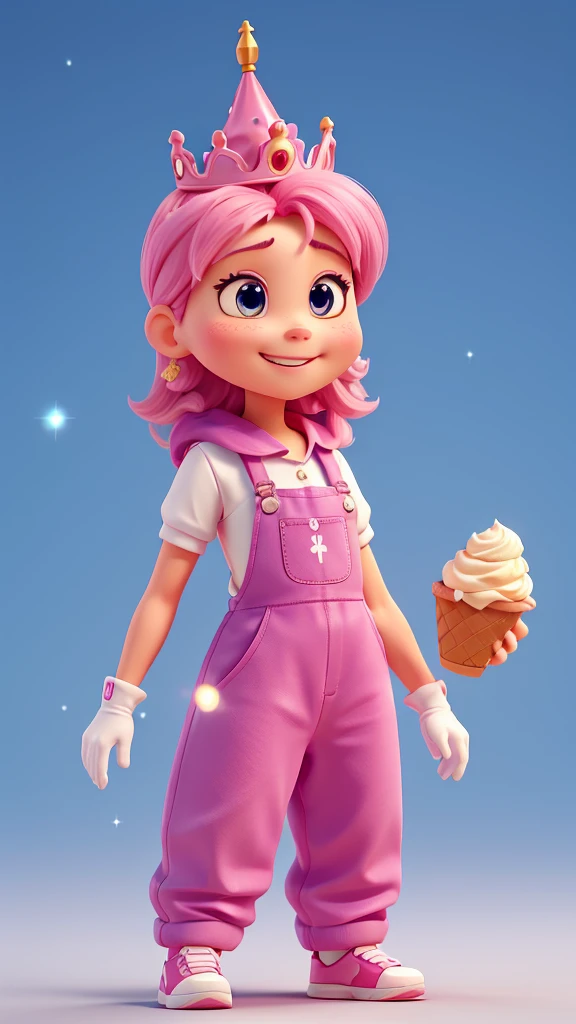 Adorable 3D animated characters。The character is in the shape of a soft serve ice cream.、Painted in bright pink hues。Has thin, rod-like limbs、The hands are wearing white gloves。He wears high-top basketball shoes。The character is standing facing forward.、With a smile on her face、Characterized by large round eyes。He has a crown on his head。There are sparkling effects around the characters.、Overall it gives a cute and friendly impression.。