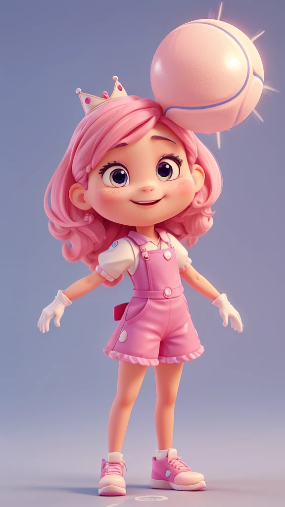 Adorable 3D animated characters。The character is in the shape of a soft serve ice cream.、Painted in bright pink hues。Has thin, rod-like limbs、The hands are wearing white gloves。He wears high-top basketball shoes。The character is standing facing forward.、With a smile on her face、Characterized by large round eyes。He has a crown on his head。There are sparkling effects around the characters.、Overall it gives a cute and friendly impression.。