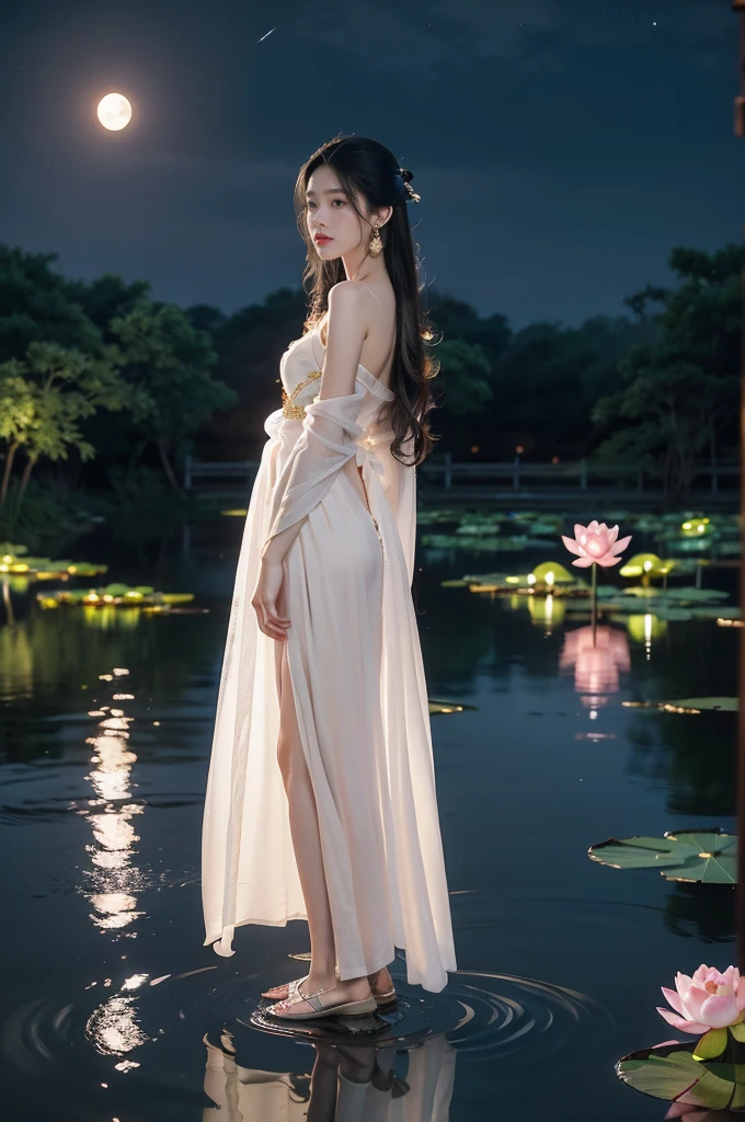 (((best quality))),(((ultra detailed))),(((masterpiece))),illustration,((1 beautiful young  girl,solo)),((slim,thin)),(shoulder length straight hair:1.2),((earrings,necklace)),((small breasts,flat chest)),(see through traditional pink sheer Hanfu dress:1.3),((slender legs,bare legs,loafers)),(beside the lotus pond full of lotus flowers:1.3), serene moonlight, ethereal,floral pattern, water movement, billowing fabric, tranquil, moon reflection, petals, fireflies, magical, light,warm light, dreams, invitation, (standing:1.3),(arms behind back:1.3),gazing, reflection, inner thoughts, emotional, sweet scent, natural beauty, solitude, hypnotic lull, eternal summer,(night scene:1.3), natural world, human spirit, celebration, backdrop, water, glow,((from front,full body))