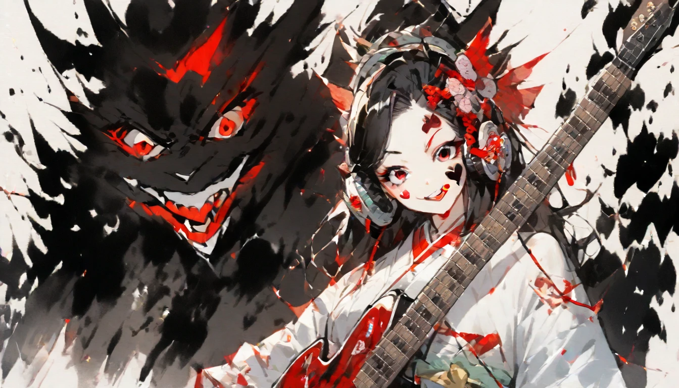 (((Ink Painting))), (((1 girl))), (((Heart tattoo on face))), (((Gorgeous hair accessories))), Japanese style headphones, (((guitar bass))), Japanese Beauty, Black Hair, smile, devil, Droopy eyes, Red eyes