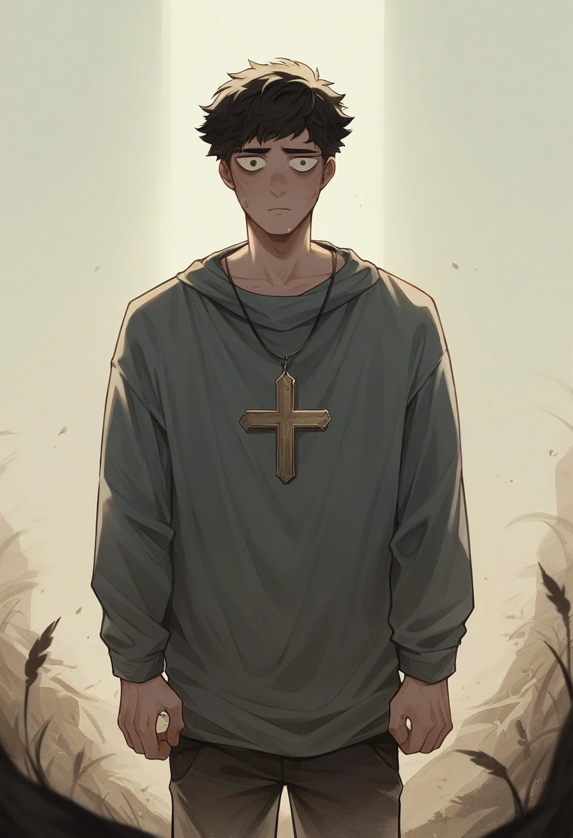A young man with dark hair and curious eyes, wearing simple clothes, is standing at the end of a dirt path. Behind him, a peaceful landscape stretches as far as the eye can see. He points with a finger at an old, worn-out cross, firmly planted in the ground. The expression on his face mixes fascination and contemplation, as if the cross represented not just an object, but a symbol full of meaning and mystery.