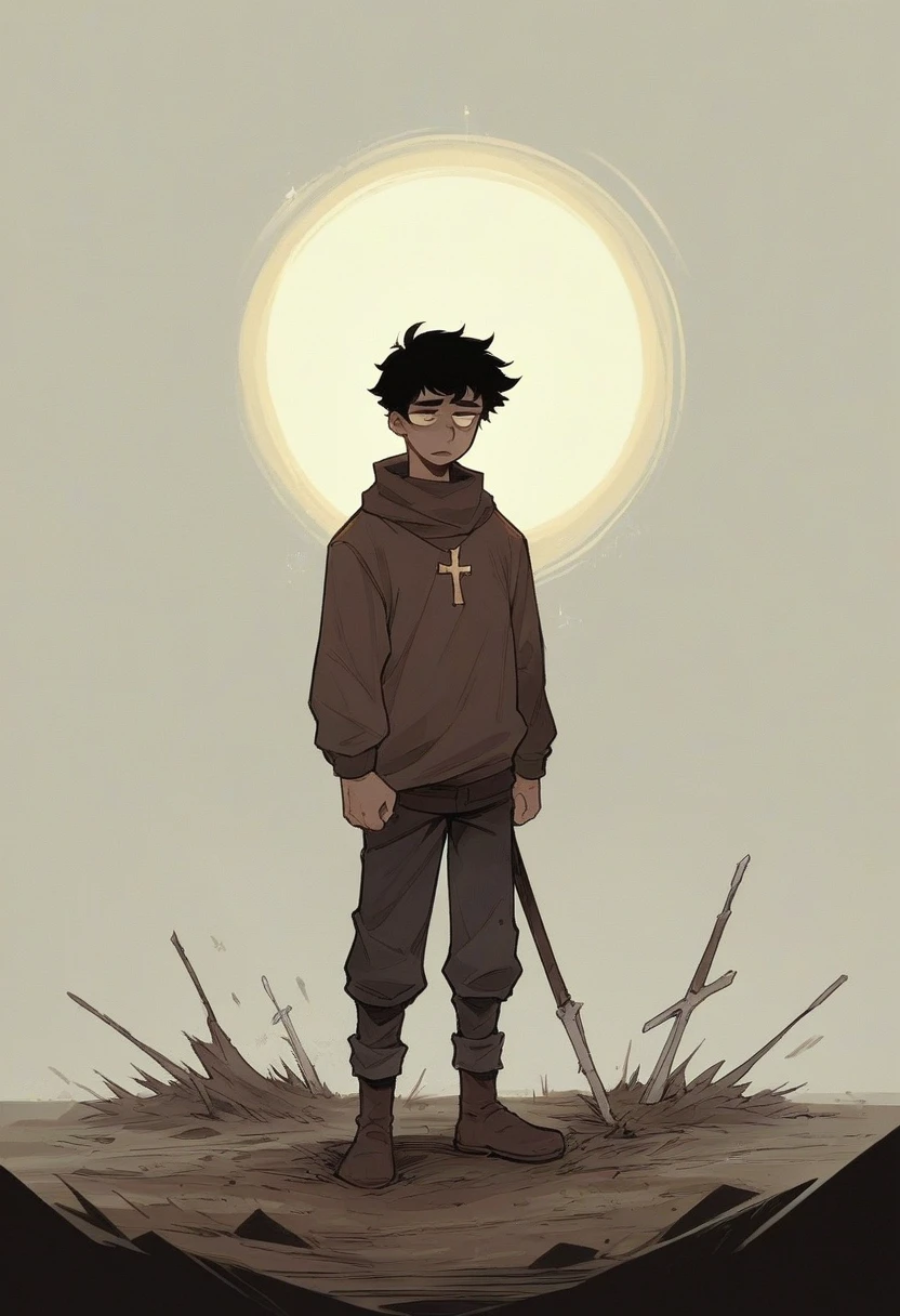 A young man with dark hair and curious eyes, wearing simple clothes, is standing at the end of a dirt path. Behind him, a peaceful landscape stretches as far as the eye can see. He points with a finger at an old, worn-out cross, firmly planted in the ground. The expression on his face mixes fascination and contemplation, as if the cross represented not just an object, but a symbol full of meaning and mystery.