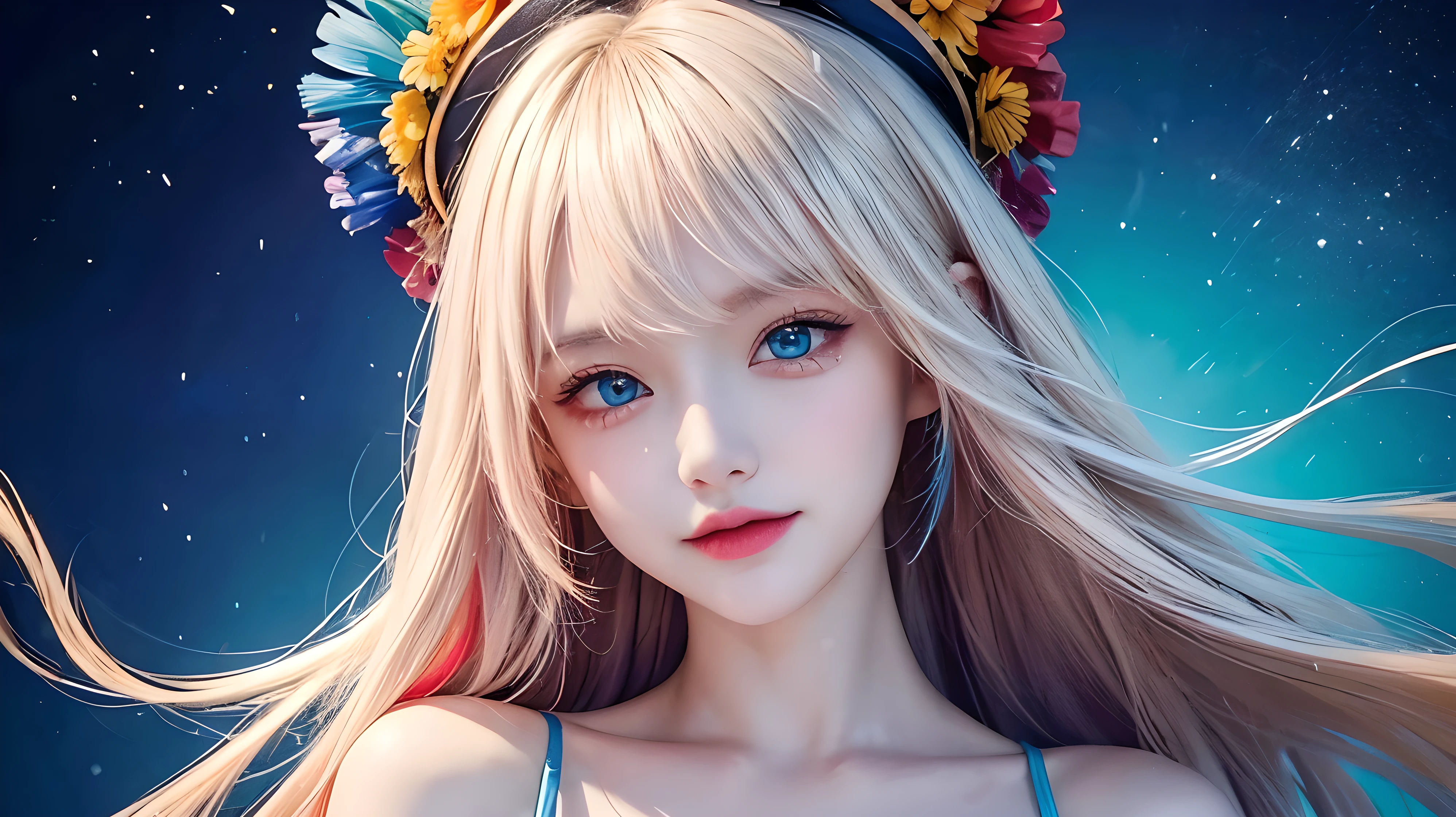 (rich and colorful Fashion T-Shirts:1.9),(blond:1.8),(All the colors of the rainbow:1.8),(((((vertical:1.6))),(:1.6),front,comics,illustration,,big eyes,Crystal clear,(Golden slopeLong hair,extra Long hair:1.7),rich and colorful hats,Exquisite makeup,Large Breasts,Smiling face,(Small fresh:1.5),(Pipe top:1.6),Long eyelashes,rich and colorful off-shoulder T-shirt,Looking at the audience,Big watery eyes,(blond hair:1.6),Color Splash,(Solitary:1.8),Color Splash,Color Explosion,Heavy paintwind style,Messy lines,((shining)) ,(rich and colorful),(rich and colorful),(rich and colorful),rich and colorful,Heavy paintwind style,(splash)(Color Splash),vertical,Upper Body,paintsplash,acrylic paint,slope,paint,Highest image quality,best quality,masterpiece,Solitary,Depth of Field,Face painting,Colorful clothes,(grace:1.2),Gorgeous,Long hair,wind,(grace:1.3),(petal:1.4),(((masterpiece))),((())),((Ultra Detailed)),(illustration),(Dynamic Angle) ,((float)),(paint),((Messy hair)),(Solitary),(1 Girl),(((Detailed anima face))),(((Beautiful and delicate face)),tie,Bare shoulders,bionde,((bionde)),((bionde)),Beautiful and delicate eyes,(Blue eyes),(((Blue eyes))),(((rich and colorful background))),(((High Saturation) )),(((Surrounded by colorful splash))),(((rich and colorful background))),(((High Saturation))),(((Surrounded by colorful splash))),(((rich and colorful background))),(((High Saturation))),(((Surrounded by colorful splash))),