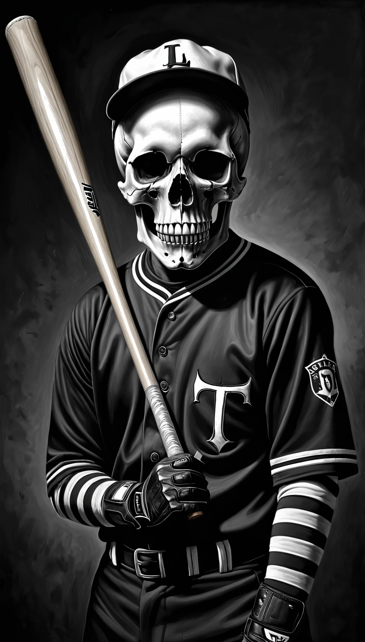 Imagine a hyper-realistic pencil drawing in black and white, capturing an eerie, macabre scene. At the center, a detailed skull is adorned in a classic baseball uniform, complete with a striped jersey and a fitted cap tilted slightly to one side. The skull's empty eye sockets and toothy grin add to the unsettling atmosphere. It grips a baseball bat firmly in its bony hands, poised as if ready to swing. The scene is bathed in dramatic lighting, with sharp contrasts between light and shadow, emphasizing the hollow depths of the skull and the texture of the uniform fabric. The background fades into darkness, enhancing the sense of fear and dread. The artist's meticulous attention to detail is evident in the lifelike shading and the intricate lines of the skull and uniform. The composition is framed perfectly, creating a chilling juxtaposition of life and death, light and dark, sport and the macabre. The excellent post-production work further enhances the hyper-realistic quality of this haunting, surreal image