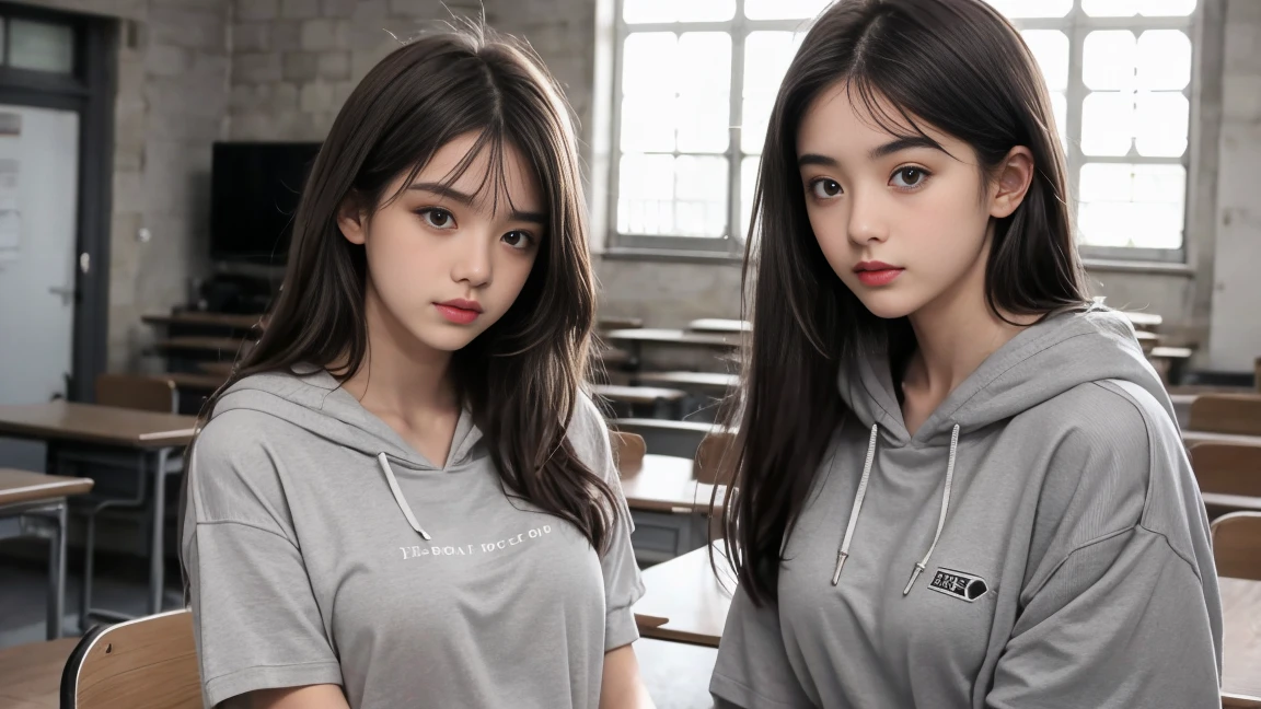 deux femmes ensemble de 18 ans sexy et mince , gray short sleeve hoodie , salle de classe, se touche,position sey,sensuel