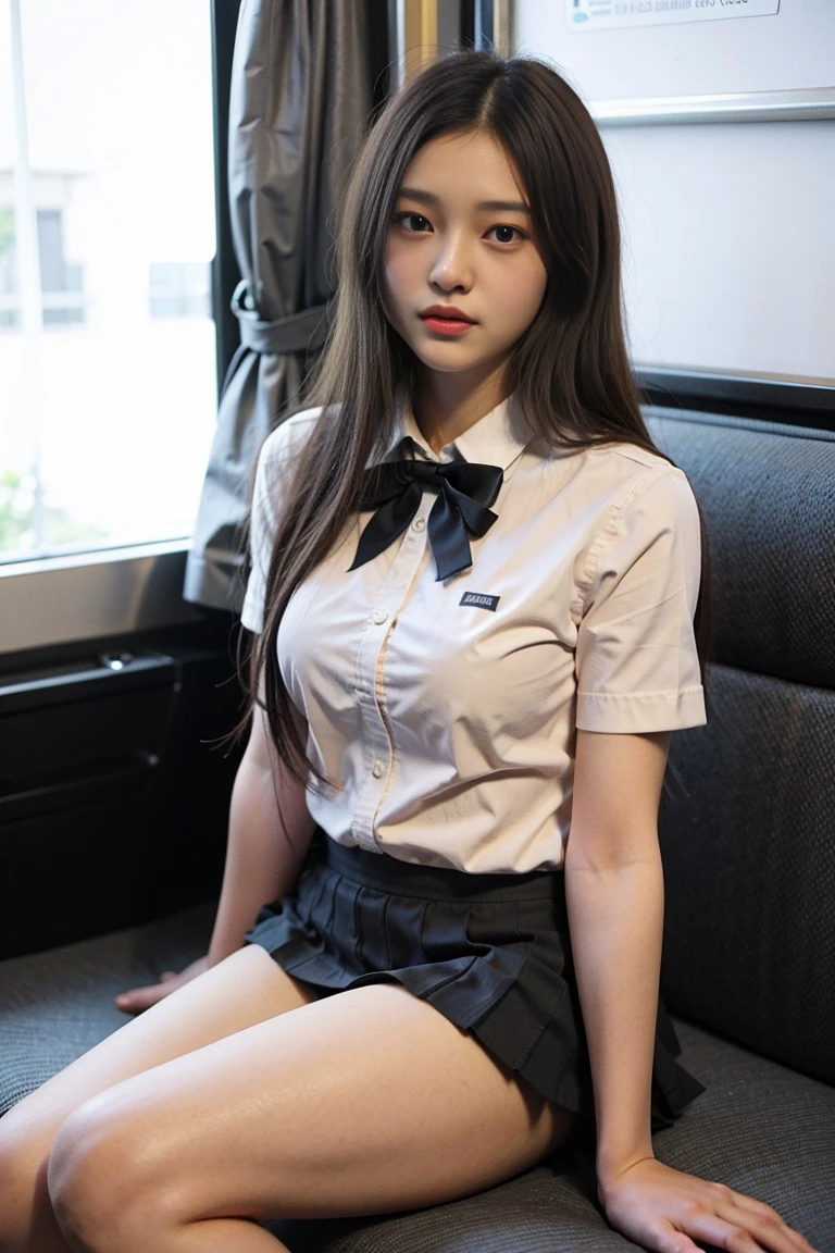 Low angle shot,Wearing a short skirt、Asian woman with bow tie sitting on train, Cute school girl, Japanese schoolgirl, wearing Japanese School Uniform, Japanese , a hyperRealistic schoolgirl, dress up as , hyperRealistic , wear , Realistic , Girls wear, wear , Consists of female students, whole body, Beautiful skin, Glowing Skin, Beautiful thighs,Shining thighs, Luminous legs