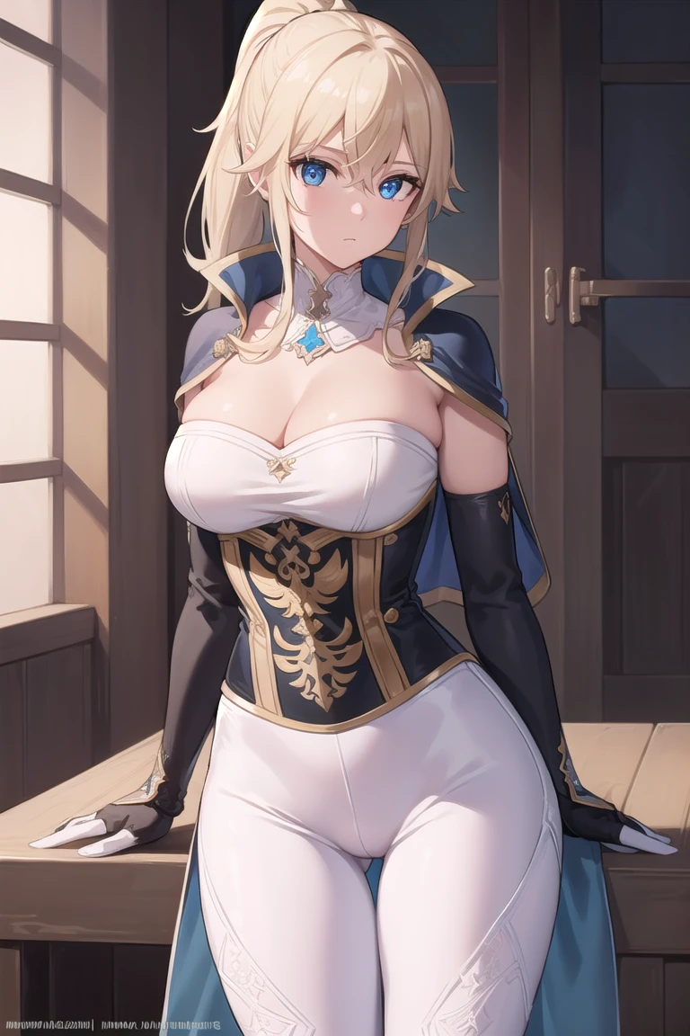 Watermark:JouliosJack
(thick thights:1.2)(mediumbreast:1.2)
jeangunnhildr, jean, blonde hair, blue eyes, hair between eyes, medium hair, ponytail,
BREAK black gloves, blue capelet, capelet, cleavage, corset, detached sleeves, gloves, pants, strapless, (white pants:1.5),
BREAK indoors, castle,
BREAK looking at viewer, (cowboy shot:1.5),
BREAK (masterpiece:1.2), best quality, high resolution, unity 8k wallpaper, (illustration:0.8), (beautiful detailed eyes:1.6), extremely detailed face, perfect lighting, extremely detailed CG, (perfect hands, perfect anatomy),