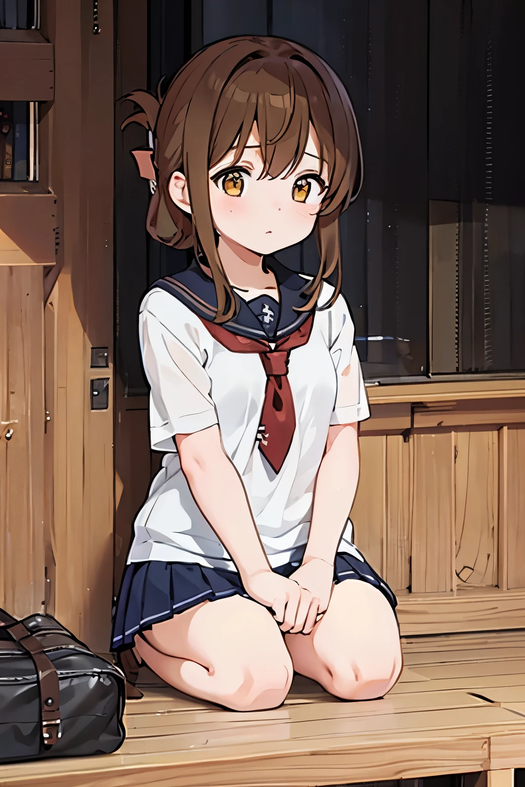 (masterpiece, best quality:1.2),illustration,8k,hd,1girl,solo,upper body,(portrait:1.2),brown_hair,folded_ponytail,brown_eyes,serafuku,long_hair,school_uniform,skirt,pleated_skirt,