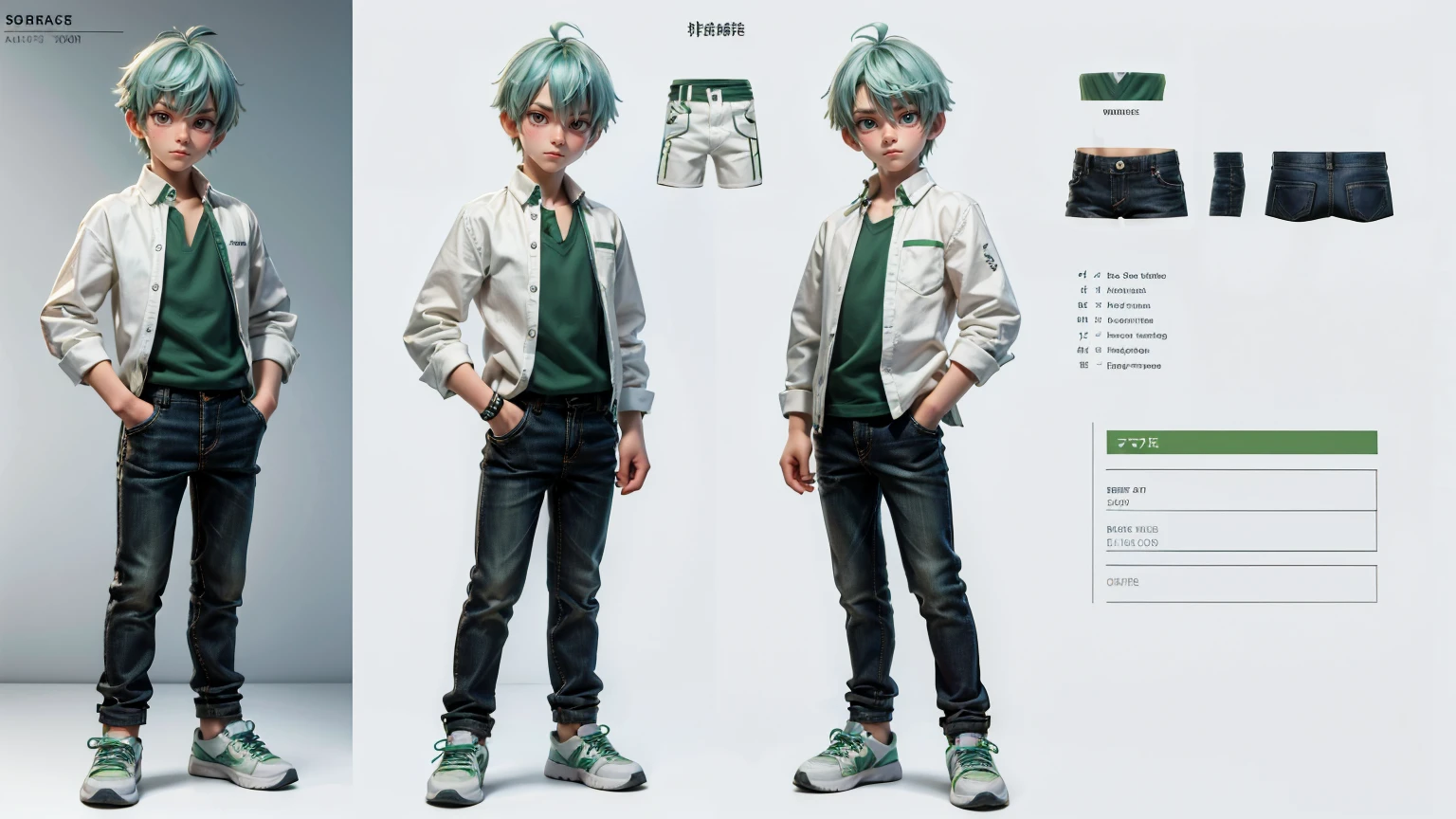 cute face boy, cute face, short height boy, wearing casual white pent and shirt, full standing pose, green hairs, sports shoes,  Character Sheet, 12 yo student, Full body, Simple white background, front pose character reference sheet, Concept art, design sheet
