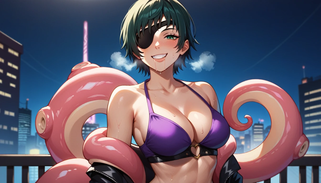 mature female, mature, Adult, himeno, himeno(Chainsaw Man), 1girl, black hair, short hair, eyepatch, solo, blush, octopus, octopus symbol, seductive smile, grin, remote controller, aroused, in heat, nsfw, steam, breath, sweat, drooling, Villains, chest, View your audience, pink huge octopus robot, pink tentacle robot, Night town, City, skyscraper, Night, Dark, latex purple bikini under the black cape, masterpiece, Top animation quality，Top image quality,