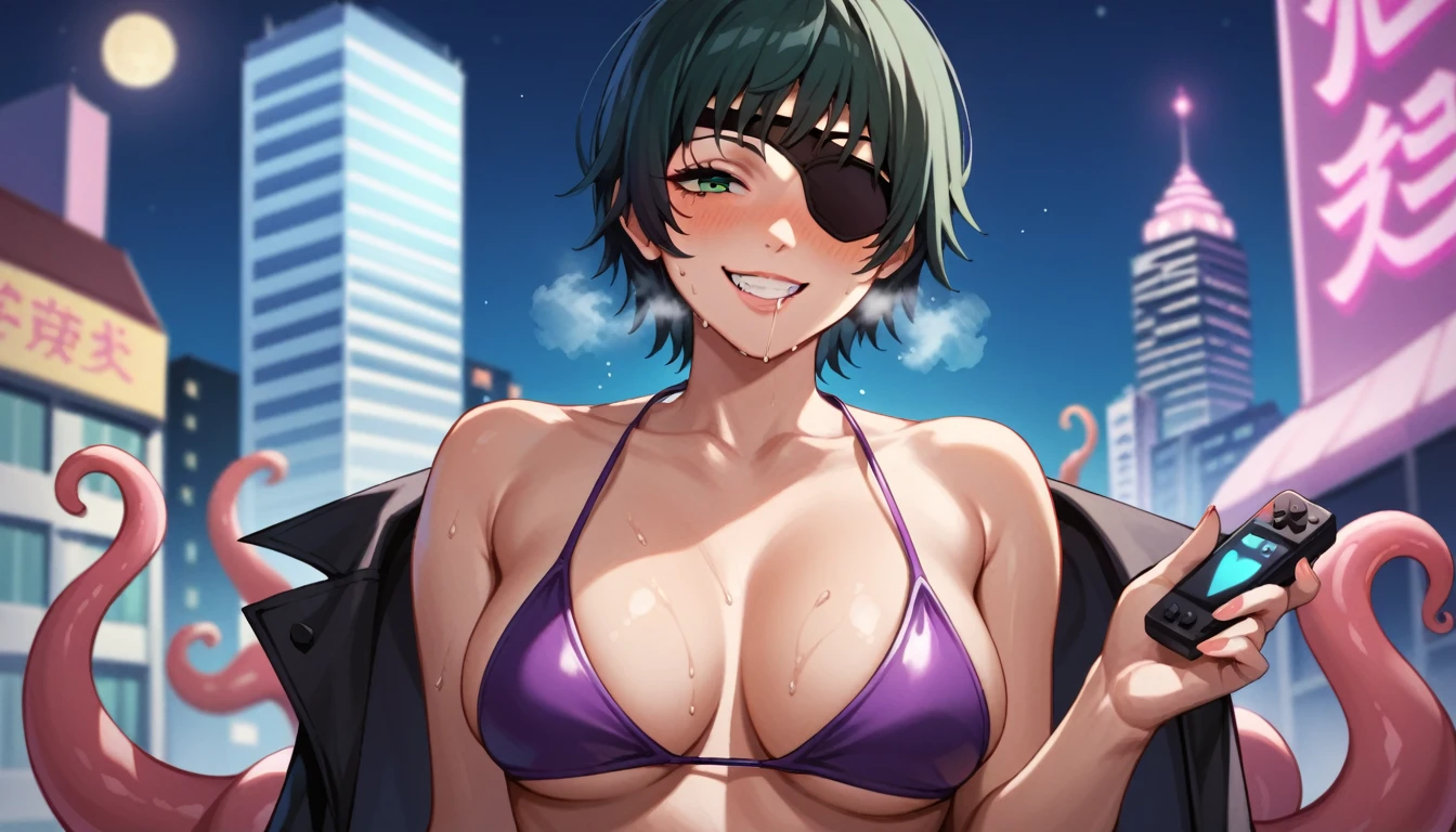 mature female, mature, Adult, himeno, himeno(Chainsaw Man), 1girl, black hair, short hair, eyepatch, solo, blush, octopus, octopus symbol, seductive smile, grin, remote controller, aroused, in heat, nsfw, steam, breath, sweat, drooling, Villains, chest, View your audience, pink huge octopus robot, pink tentacle robot, Night town, City, skyscraper, Night, Dark, latex purple bikini under the black cape, masterpiece, Top animation quality，Top image quality,