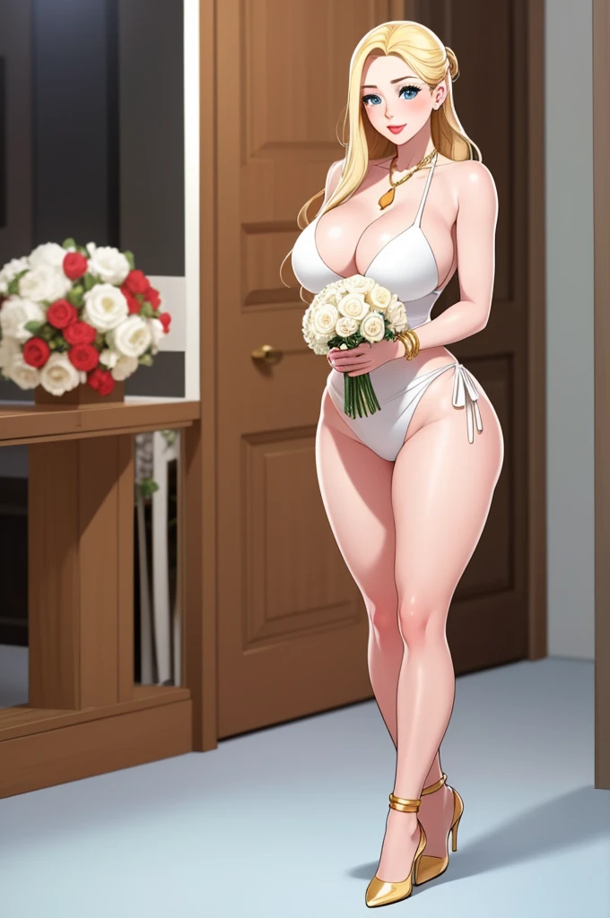 An extremely beautiful stunning woman with a perfect busty body, gold blonde long silky hair, big blue eyes, extremely super bright snow white fair stunning flawless glowing lush shiny flawless white skin, a perfect tight hourglass figure, and a very skinny thin waist, sexy thick smooth luscious legs, and thighs, extremely cute smile on the face, bright pink blushes on cheeks, wearing a short revealing white bikini with threads, yellow heels, gold necklace on the neck, gold anklets on feet, gold chain on the waist, standing straight, holding a red roses bouquet, beach in the background, show full body from head to feet.