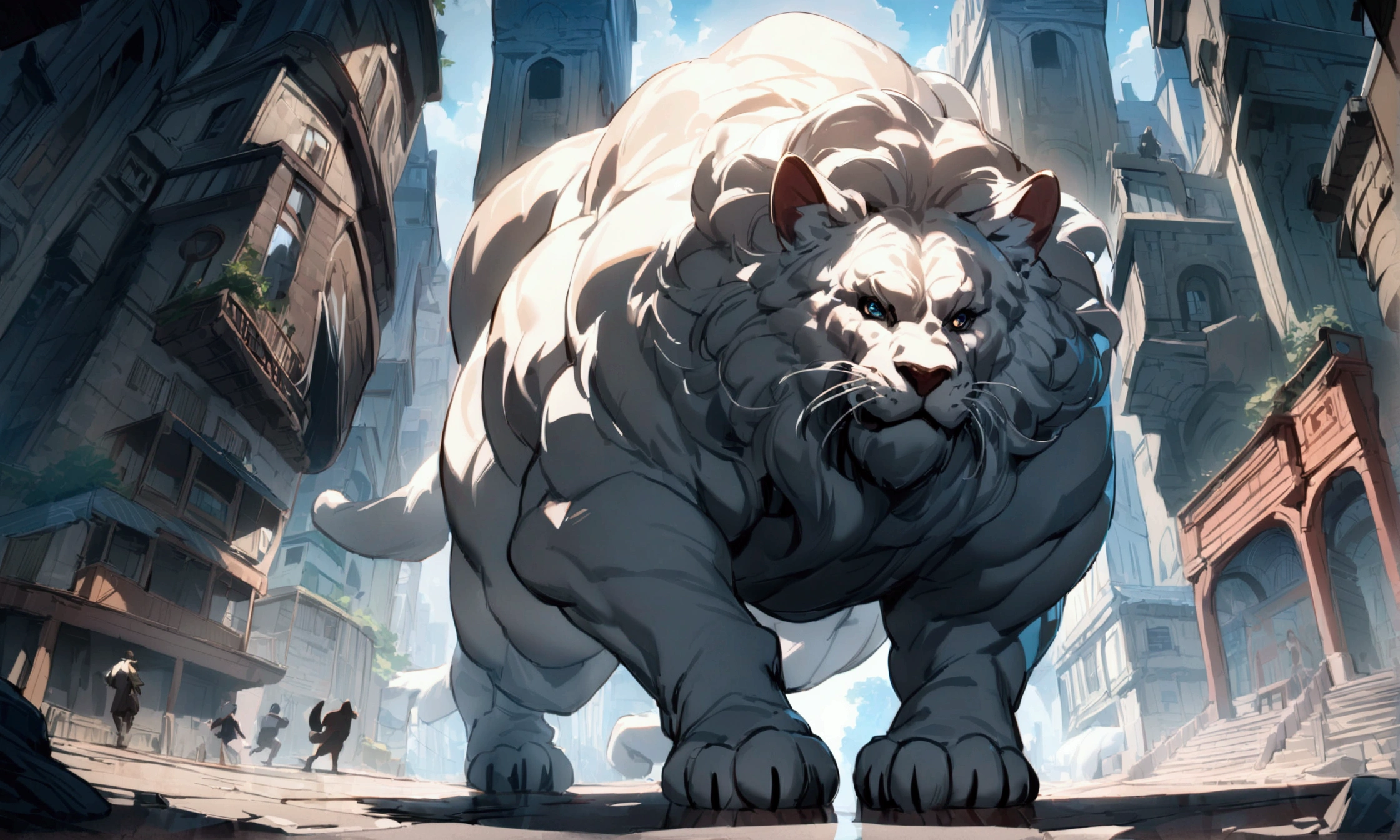 (best quality,4k,8k,highres,masterpiece:1.2),A crying boy running away towards us through the town almost being trampled by a ultra-gigantic paw, cinematic angle, anime, ultra-detailed,vivid colors,dramatic lighting,