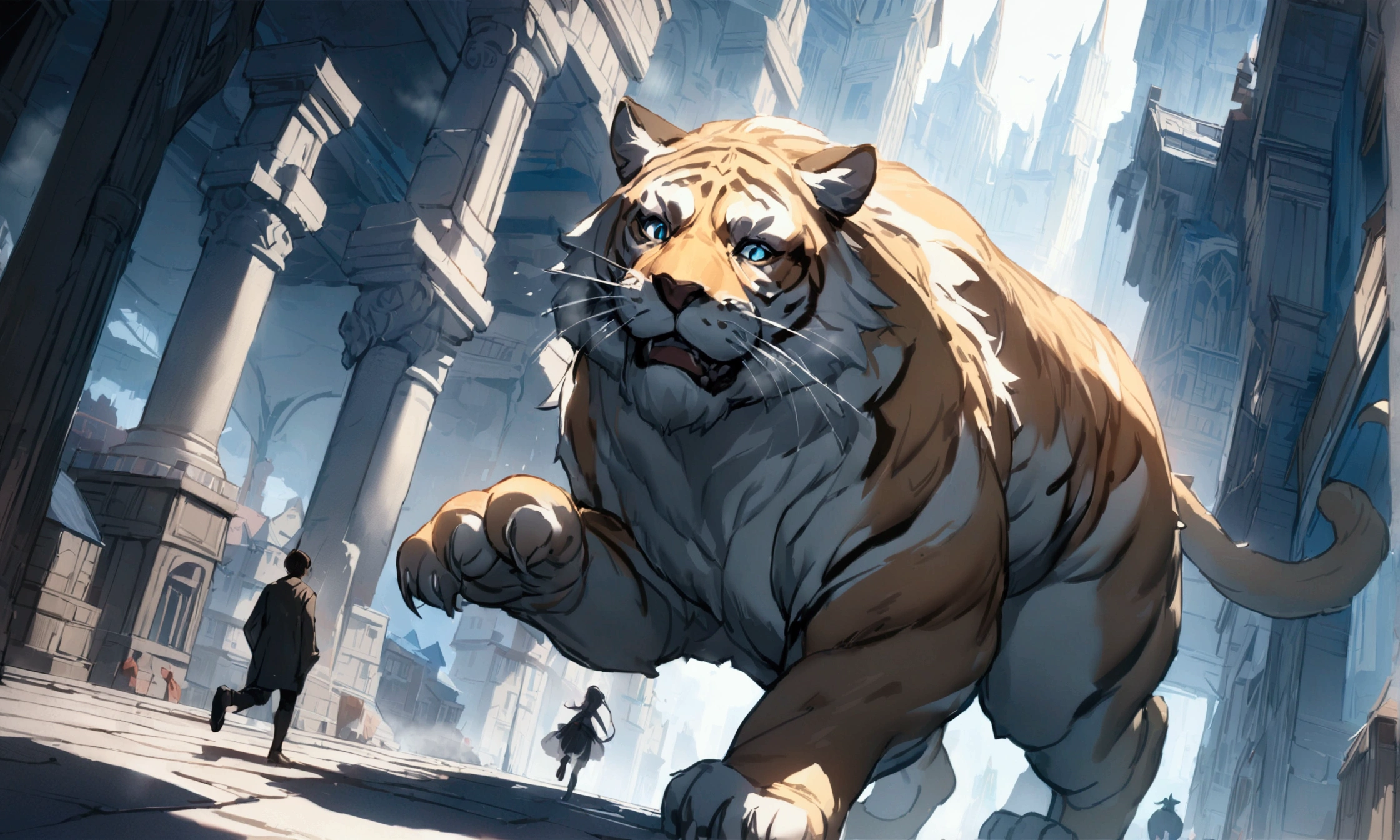 (best quality,4k,8k,highres,masterpiece:1.2),A crying boy running away towards us through the town almost being trampled by a ultra-gigantic paw, cinematic angle, anime, ultra-detailed,vivid colors,dramatic lighting,