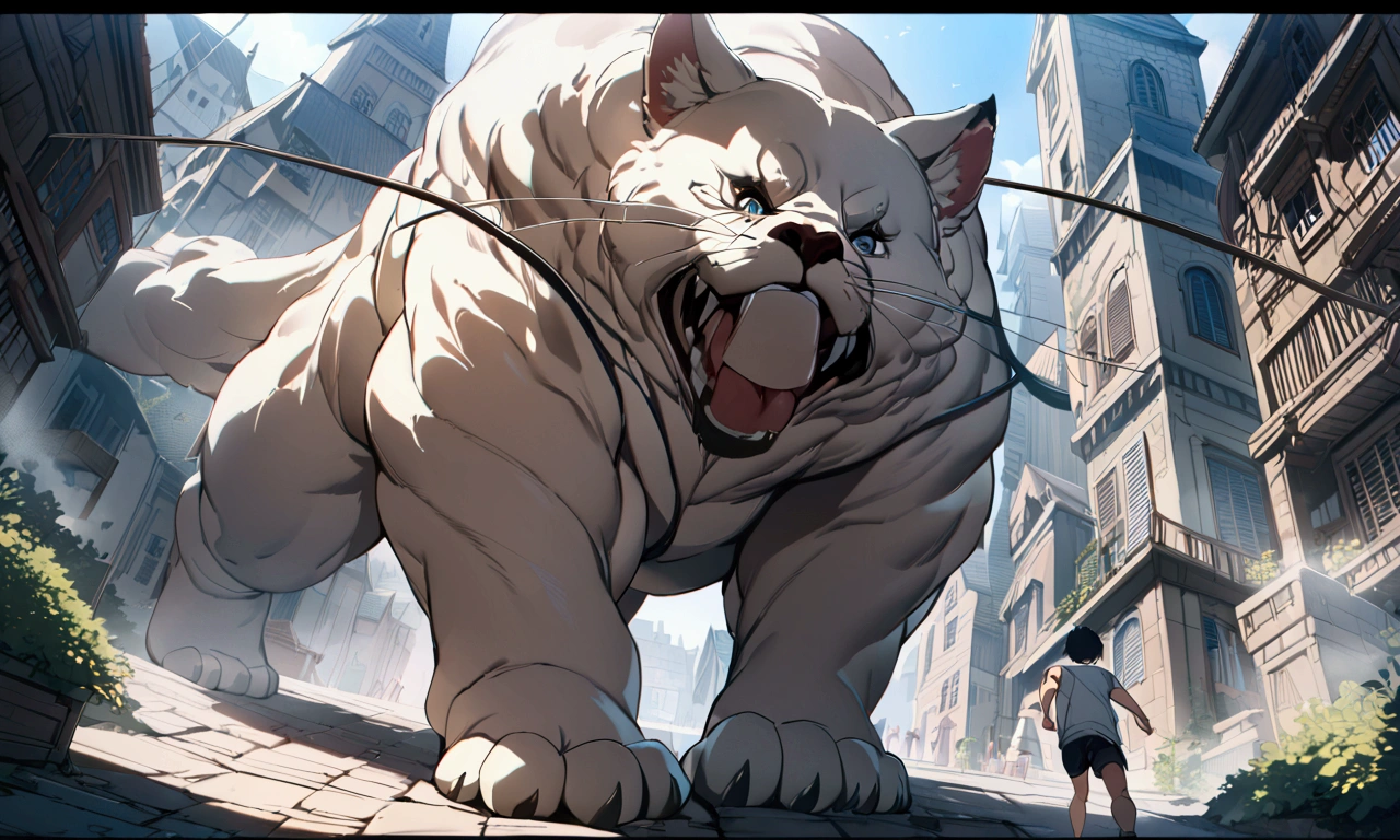 (best quality,4k,8k,highres,masterpiece:1.2),A crying boy running away towards us through the town almost being trampled by a ultra-gigantic paw, cinematic angle, anime, ultra-detailed,vivid colors,dramatic lighting,
