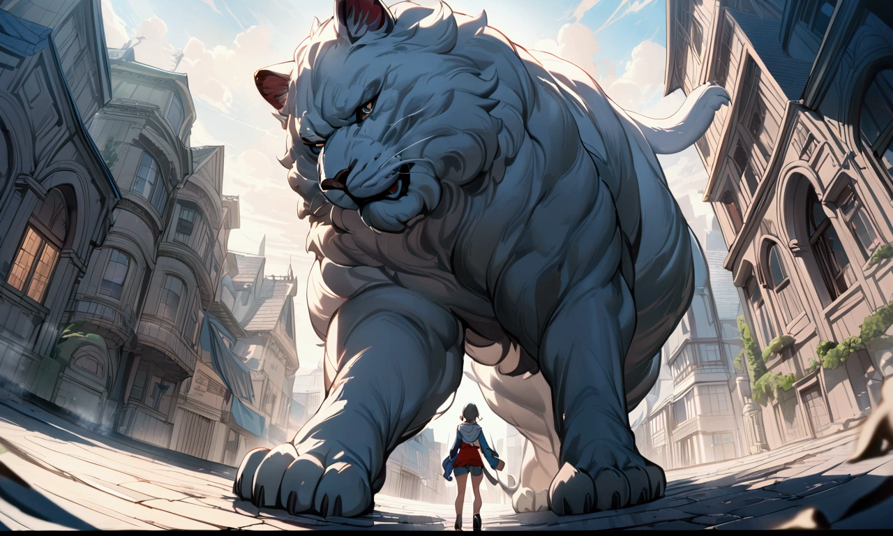 (best quality,4k,8k,highres,masterpiece:1.2),A crying boy running away towards us through the town almost being trampled by a ultra-gigantic paw, cinematic angle, anime, ultra-detailed,vivid colors,dramatic lighting,