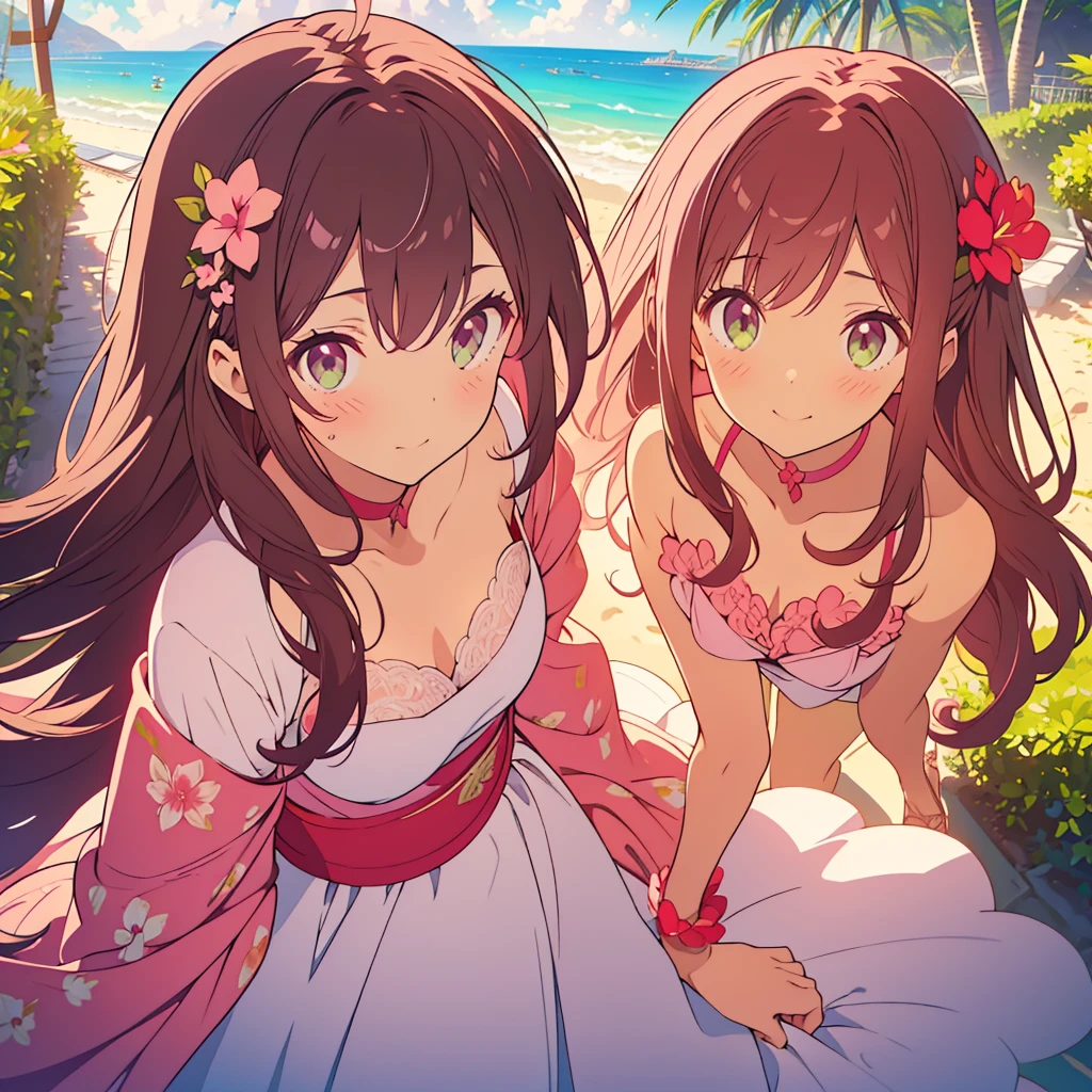 kawaii, anime, Cute, hyper quality, highly detailed, 8k, Clarity, dark brown long hair, pink bougainvillea, green eyes, droopy pink bougainvillea flower garden, Ocean View, A flower garden full of greenery, resort wedding, southern island, beach, pink wedding dress, light shines in, pink bougainvillea flowers, pink bougainvillea bouquet, dignity, platinum tiara, pink wedding dress, highlight on eyes, Looking back, Pose with movement, whole body, Uplifting, Inciting point of view, special perspective, dignified expression, smile, close up of face, Draw facial expressions in detail, the dress is fluttering, dignified stance, petals dance, 	