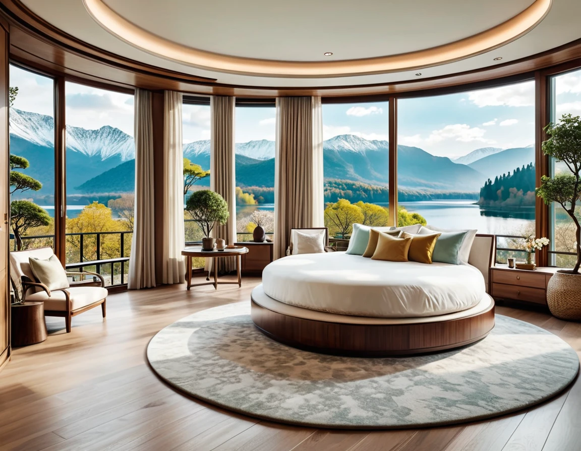 8K picture quality,Best quality,masterpiece,HD,Super rich detail,detailed,Green and cozy bedroom,Large Windows,Floor-to-ceiling windows,Large round glass room,big bed,There are pillows on the bed,Quilt,Essas roupas,notebook,There is a cabinet next to it,There is a table,There are chairs,There are curtains,Air conditioning,There are flowers,There are plants,There are bonsai,There are artworks,There is a wardrobe,There are carpets,Lights and decorations,Overall very comfortable,extremely clean,very useful,Large Windows,Rainy and snowy days,The scenery outside the window is rivers, lakes, mountains, landscapes, trees and forests