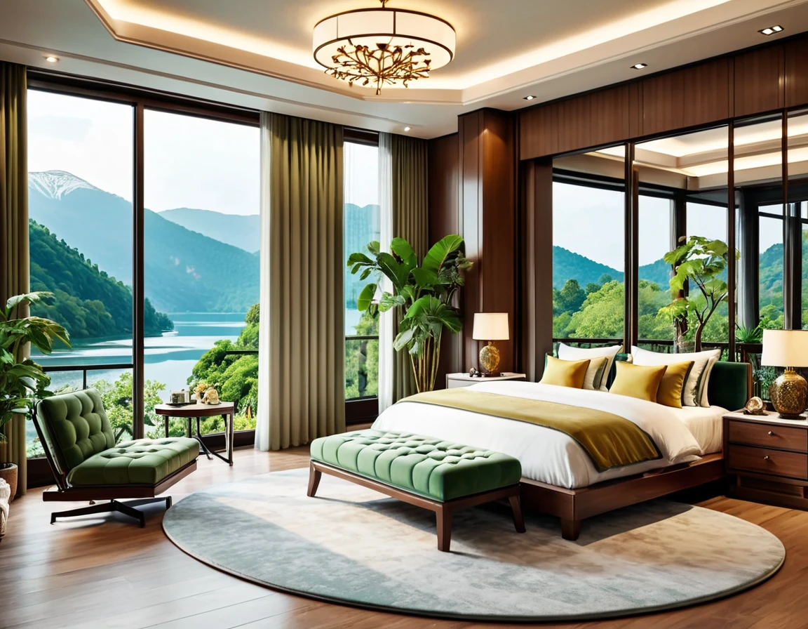 8K picture quality,Best quality,masterpiece,HD,Super rich detail,detailed,Green and cozy bedroom,Large Windows,Floor-to-ceiling windows,Large round glass room,big bed,There are pillows on the bed,Quilt,Essas roupas,notebook,There is a cabinet next to it,There is a table,There are chairs,There are curtains,Air conditioning,There are flowers,There are plants,There are bonsai,There are artworks,There is a wardrobe,There are carpets,Lights and decorations,Overall very comfortable,extremely clean,very useful,Large Windows,Rainy and snowy days,The scenery outside the window is rivers, lakes, mountains, landscapes, trees and forests