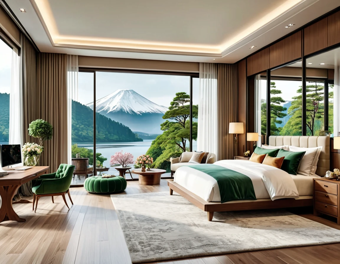 8K picture quality,Best quality,masterpiece,HD,Super rich detail,detailed,Green and cozy bedroom,Large Windows,Floor-to-ceiling windows,Large round glass room,big bed,There are pillows on the bed,Quilt,Essas roupas,notebook,There is a cabinet next to it,There is a table,There are chairs,There are curtains,Air conditioning,There are flowers,There are plants,There are bonsai,There are artworks,There is a wardrobe,There are carpets,Lights and decorations,Overall very comfortable,extremely clean,very useful,Large Windows,Rainy and snowy days,The scenery outside the window is rivers, lakes, mountains, landscapes, trees and forests