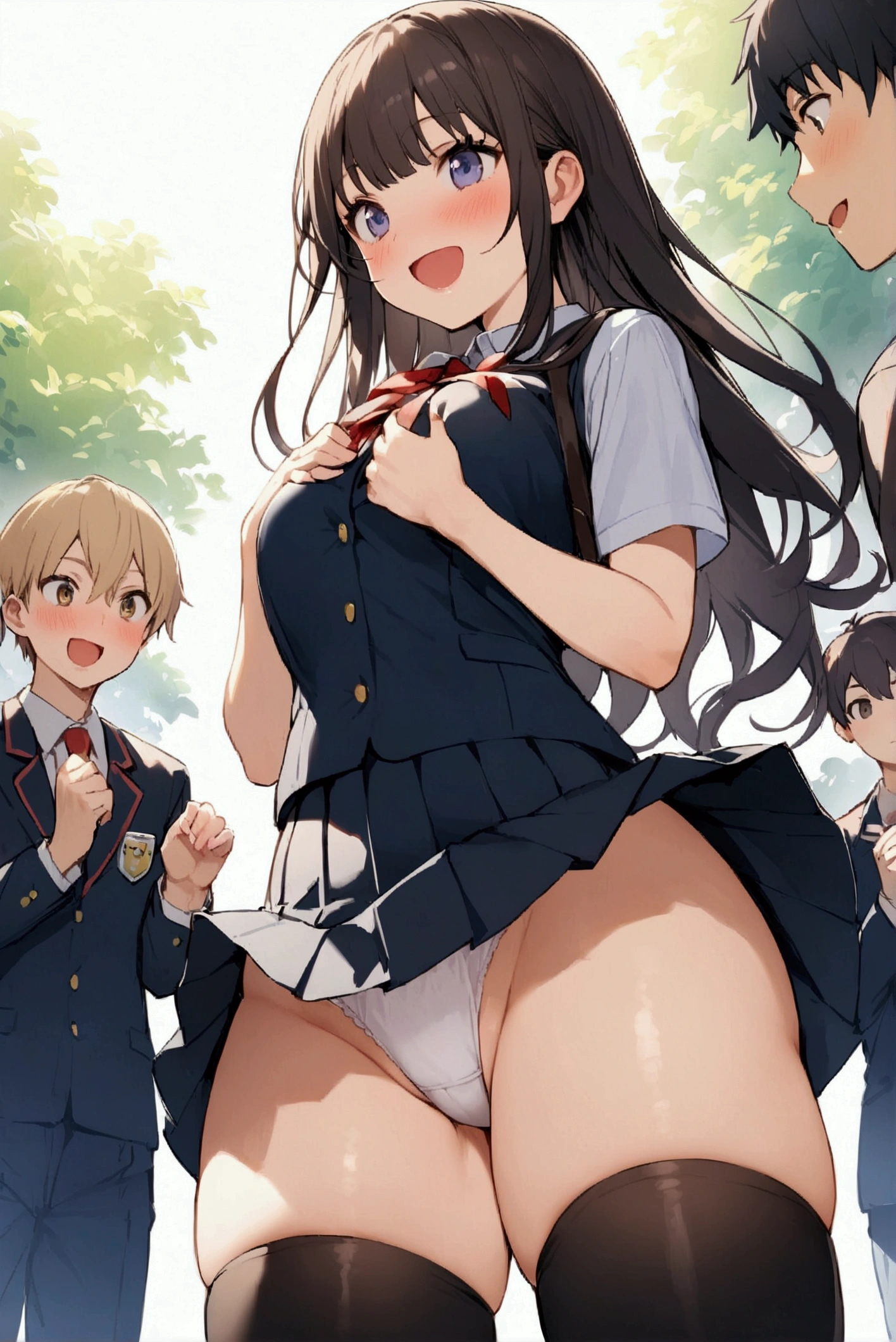 One Woman、One Man、beautiful girl、Brown-haired boy、Beautiful Youth、after school、evening、high school girl、School Nameplate、Blazer uniform、Pleated skirt、Black knee-high socks、Long Hair、In front of the school gate、Highest quality, Thick thighs、Big 、Big Ass、White panties、Black Hair、The girl has an excited face、A crowd going home from school、Holding his chest with both hands、A boy lifts up a girl's skirt、Boys are smiling、Male and female couple