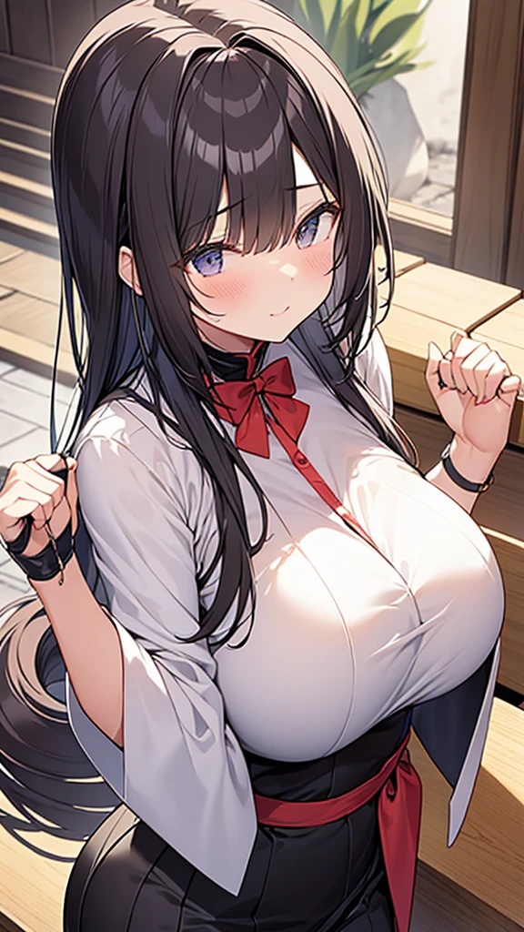 独奏  (Her breasts are massaged by a man&#39;s hands:1.9. Pout your lips) ,BREAK,(White collared sleeveless shirt, tall woman, black hair, short hair, ponytail:1.9 Swept-to-the-side bangs, beautiful, cute, big breasts, sweat, excitement, blushing),Man&#39;s hand bra