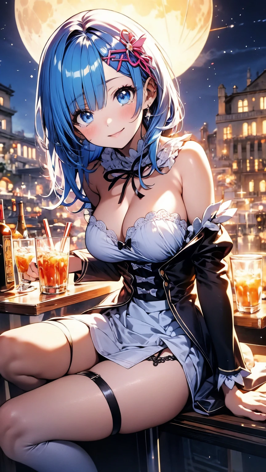 (Highest quality),(masterpiece), 8k,Very detailed, Detailed light, Best Shadow,Detailed reflective eyes, Beautiful Eyes, Very detailedな顔,Shiny Hair,sexy,Big Breasts,Charm,One person,Gloss,Rem,Re:Zero,Blue Hair,blue eyes,full moon,Fantasy,Charm, Blushing,smile,tearsを流す,tears,looking at the camera,front,garter belt,tights,Maid服,Maid,