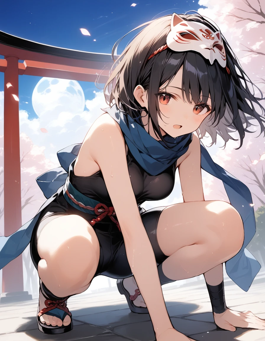 score_9, score_8_up, score_7_up, source_anime, best quality, masterpiece, official art, absurdres, highres, ultra-detailed,waifu2x,Collection: Slice of Life,break,1girl, ninja, noh mask, mask on head, short hair, breasts, beautiful detailed eyes, bike shorts, scarf, sweat, open mouth, expressionless, squatting, kunai, outdoors, Above torii, night, moon, wind,break,(clear line illustration:1.2), super detailed skin,very high resolution, very aesthetic, Best sexual lighting powered by famous artist, 8k,cute picture,beauty illustration,photoshop_(medium),,(Detailed Lighting),best anime 8k konachan wallpaper, pixiv contest winner,