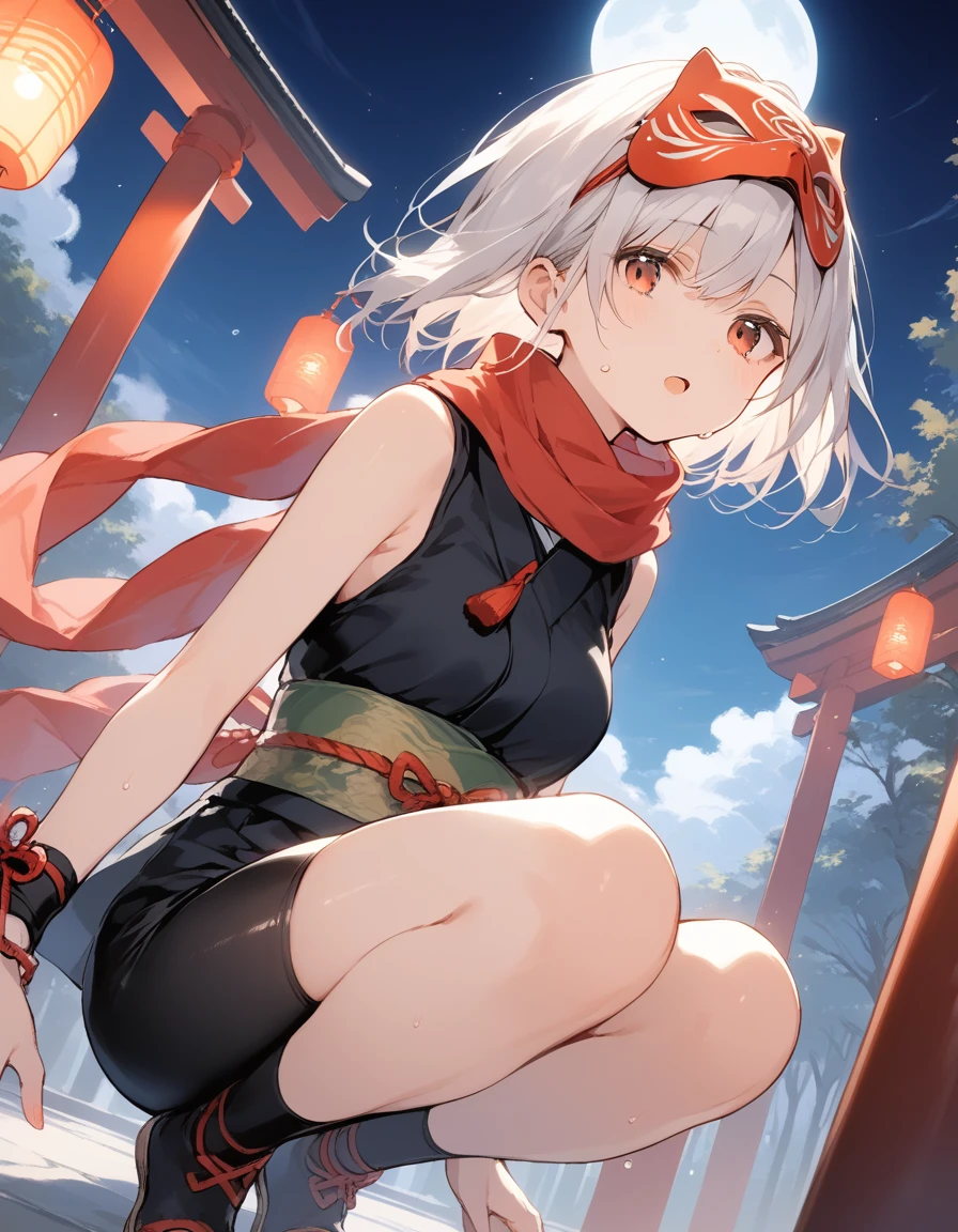 score_9, score_8_up, score_7_up, source_anime, best quality, masterpiece, official art, absurdres, highres, ultra-detailed,waifu2x,Collection: Slice of Life,break,1girl, ninja, noh mask, mask on head, short hair, breasts, beautiful detailed eyes, bike shorts, scarf, sweat, open mouth, expressionless, squatting, kunai, outdoors, Above torii, night, moon, wind,break,(clear line illustration:1.2), super detailed skin,very high resolution, very aesthetic, Best sexual lighting powered by famous artist, 8k,cute picture,beauty illustration,photoshop_(medium),,(Detailed Lighting),best anime 8k konachan wallpaper, pixiv contest winner,