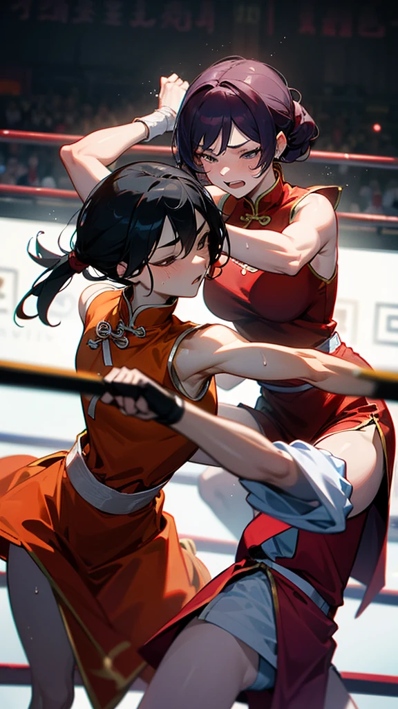 Boxing action Two women in Chinese dresses are boxing in the ring. The woman on the right hits the woman on the left in the cheek.. The woman on the left has her right eye closed, opening her mouth, and sweat.