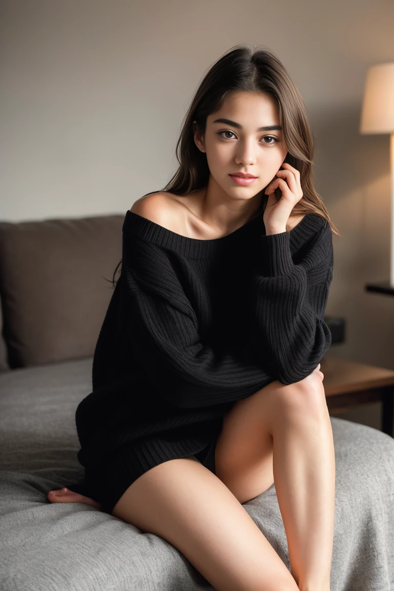 beautiful detailed young woman, 18 years old, black short sleeve sweater, visible legs, (best quality,4k,8k,highres,masterpiece:1.2),ultra-detailed,(realistic,photorealistic,photo-realistic:1.37),elegant,graceful,natural light,soft lighting,warm colors,detailed facial features,long eyelashes,full lips,glowing skin,portrait,fashion photography