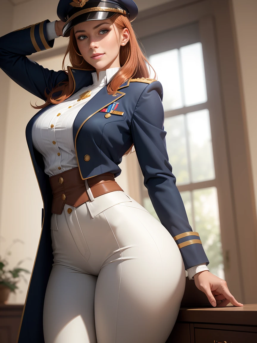 (1girl:1.4), (sfw), (clothed), (masterpiece), illustration,(realistic:1.5), (specular lighting:1.4), (hyperrealistic:1.2), (photorealistic face:1.2), (perfect face), (best quality), (8k), (4k), photorealistic, sharp focus, octane render, best quality, extremely detailed, intricate, hyper detailed, fantasy, soft lighting,(medium breasts:1.4), (skindentation:1.3), Matilda Ajan from Gundam, Matilda Agen, Matilda Ajan, looking straight at viewer, tan full uniform, tan color uniform, tight off-white pants, slim body, perfect body, standing straight up, military attention, military salute, one hand down, tan officer uniform, tan military jacket, tan buttoned up jacket, perfect hands, military officer hat, tan color hat, warm smile, kind smile, gundam in the background, auburn hair, one hand down, cropped hair, thigh gap