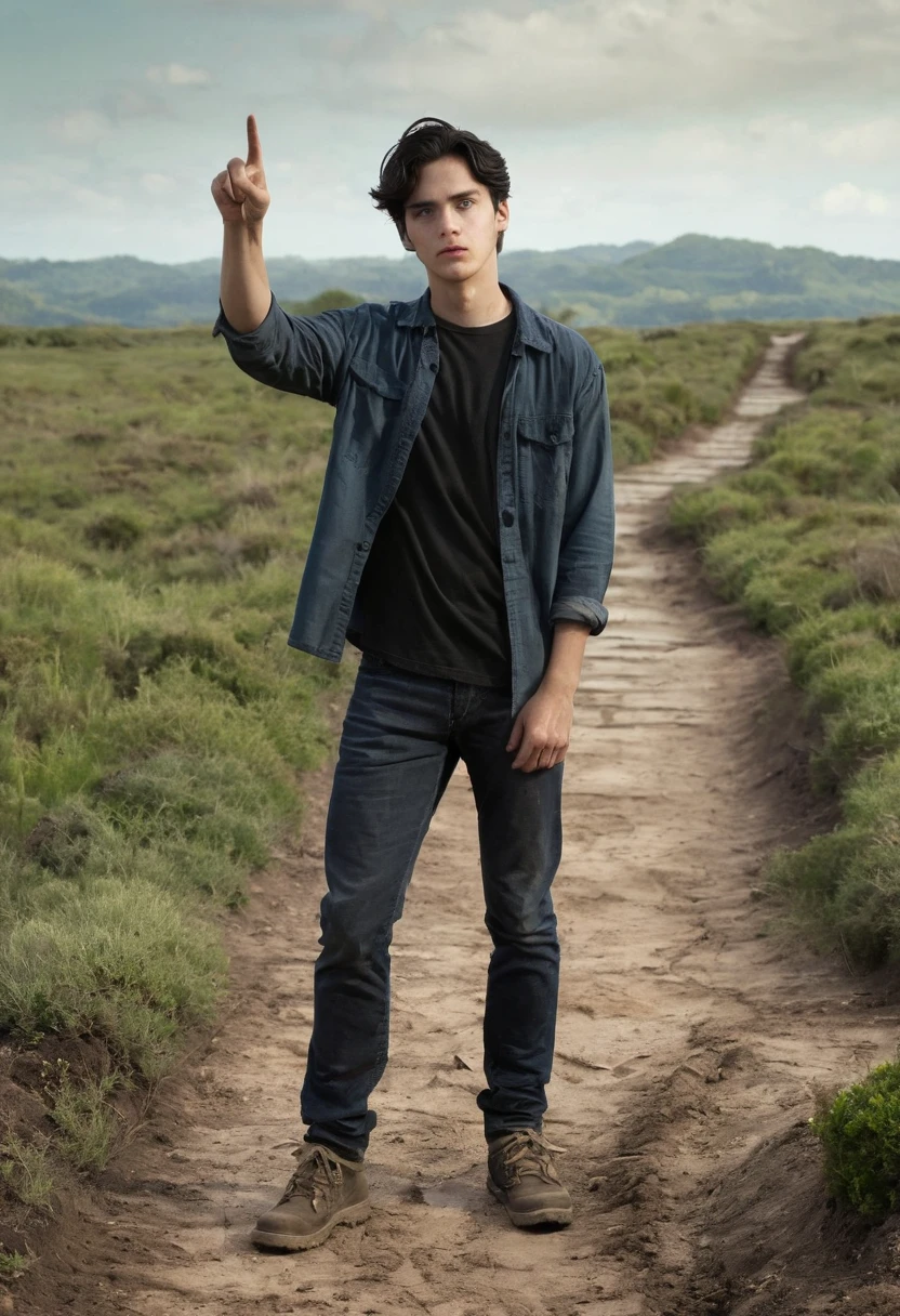 A young man with dark hair and curious eyes, wearing simple clothes, is standing at the end of a dirt path. Behind him, a peaceful landscape stretches as far as the eye can see. He points with a finger at an old, worn-out cross, firmly planted in the ground. The expression on his face mixes fascination and contemplation, as if the cross represented not just an object, but a symbol full of meaning and mystery.