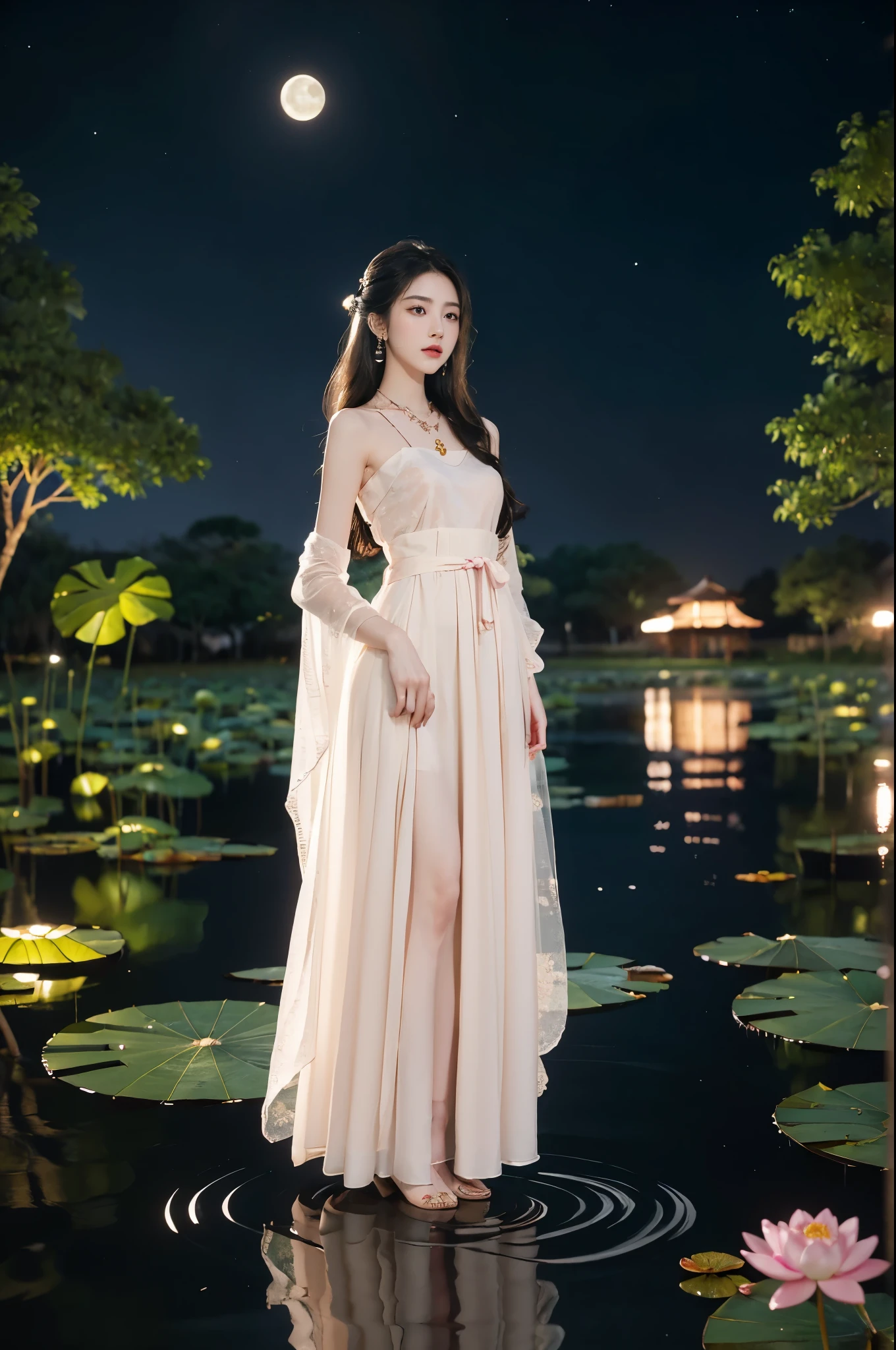 (((best quality))),(((ultra detailed))),(((masterpiece))),illustration,((1 beautiful young  girl,solo)),((slim,thin)),(shoulder length straight hair:1.2),((earrings,necklace)),((small breasts,flat chest)),(see through traditional pink sheer Hanfu dress:1.3),((slender legs,thighs,loafers)),(beside the lotus pond full of lotus flowers:1.3), serene moonlight, ethereal,floral pattern, water movement, billowing fabric, tranquil, moon reflection, petals, fireflies, magical, light,warm light, dreams, invitation, (standing:1.3),(arms behind back:1.3),gazing, reflection, inner thoughts, emotional, sweet scent, natural beauty, solitude, hypnotic lull, eternal summer,(night scene:1.3), natural world, human spirit, celebration, backdrop, water, glow,((from front,full body))